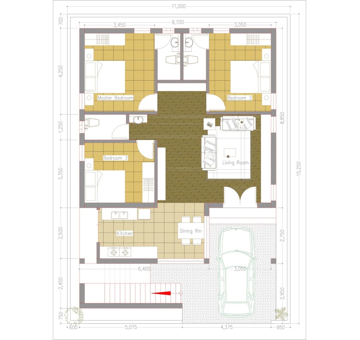 House design 11x15 with 3 bedrooms Terrace roof - House Plans 3D