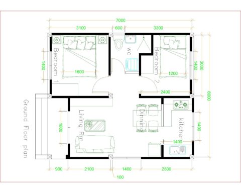 House Design 6x7 with 2 bedrooms - House Plans 3D