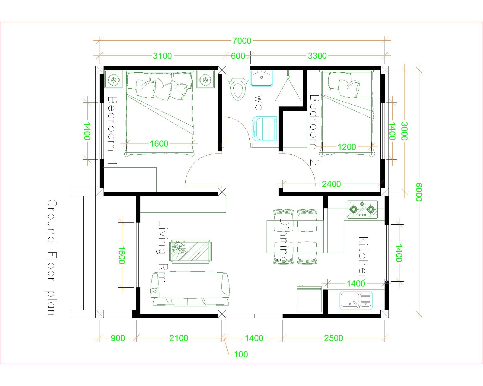 House Design 6x7 with 2 bedrooms floor plan