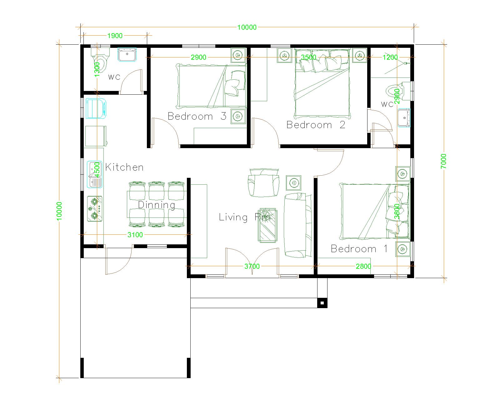 House Design 10x10 with 3 Bedrooms Hip roof floor plan