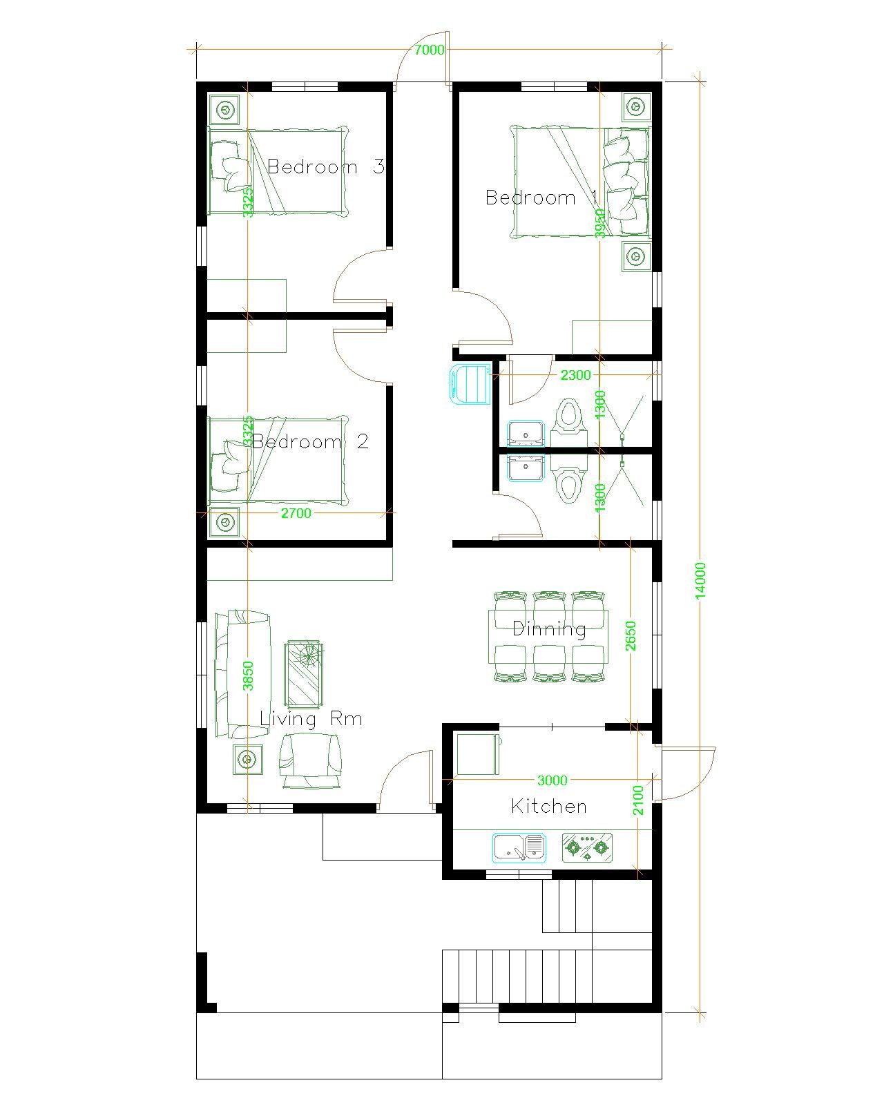 House Design 7x14 with 3 Bedrooms Terrace Roof 3d 1