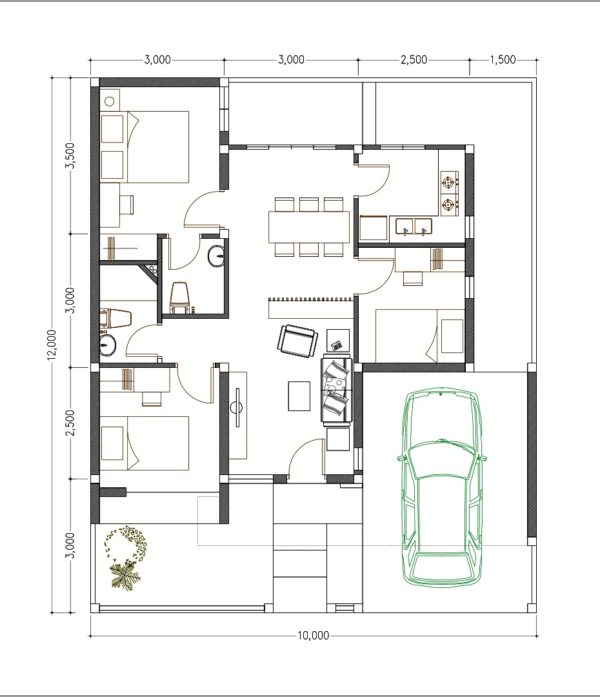 House design 10x12 with 3 Bedrooms Terrace Roof - House Plans 3D