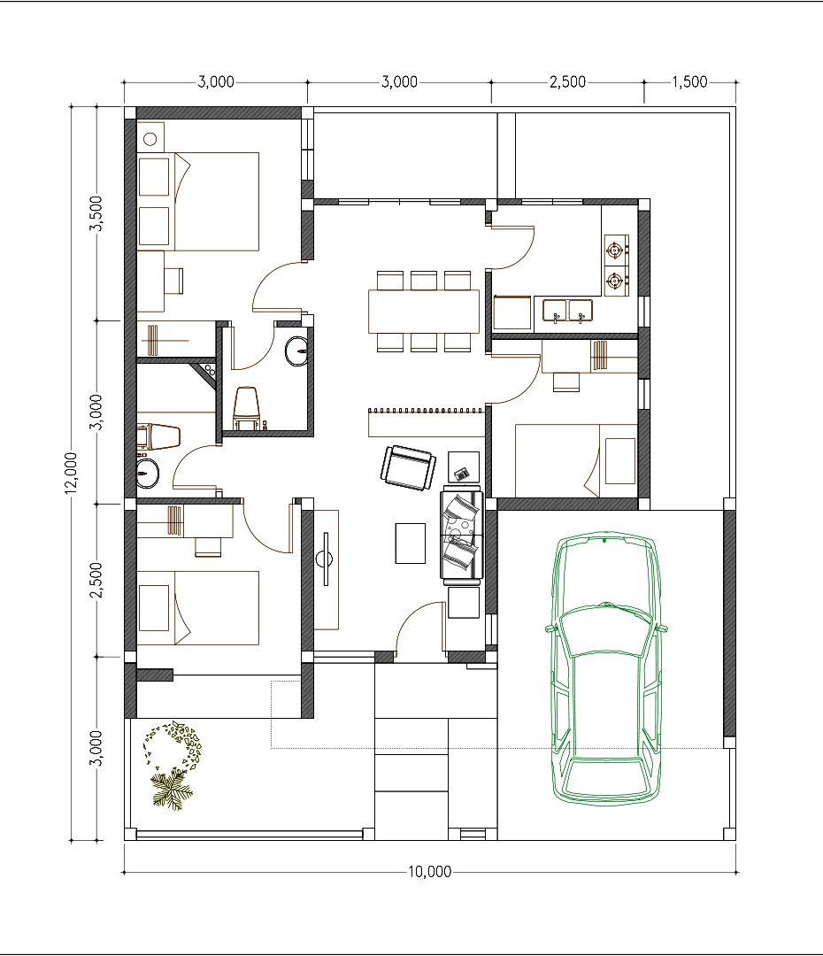 House design 10x12 with 3 Bedrooms Terrace Roof floor plan