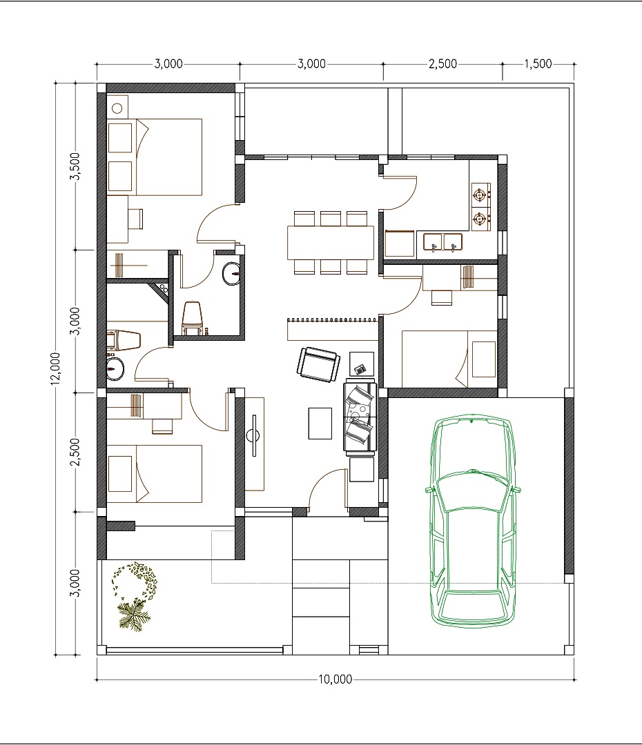 House Design 10x12 With 3 Bedrooms Terrace Roof House Plans 3D