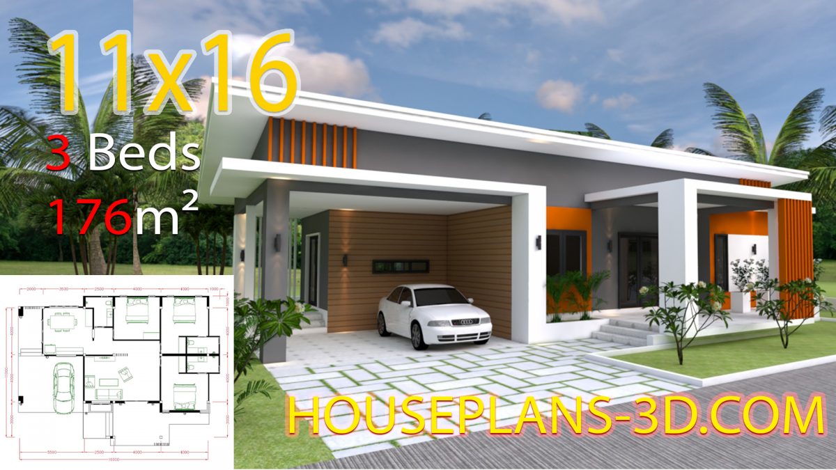 Home Design 11x16 with 3 bedrooms slop roof