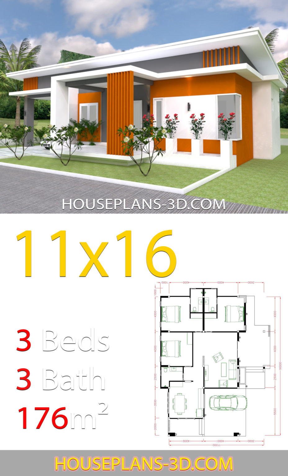 Home Design 11x16 With 3 Bedrooms Slop Roof - House Plans 3d