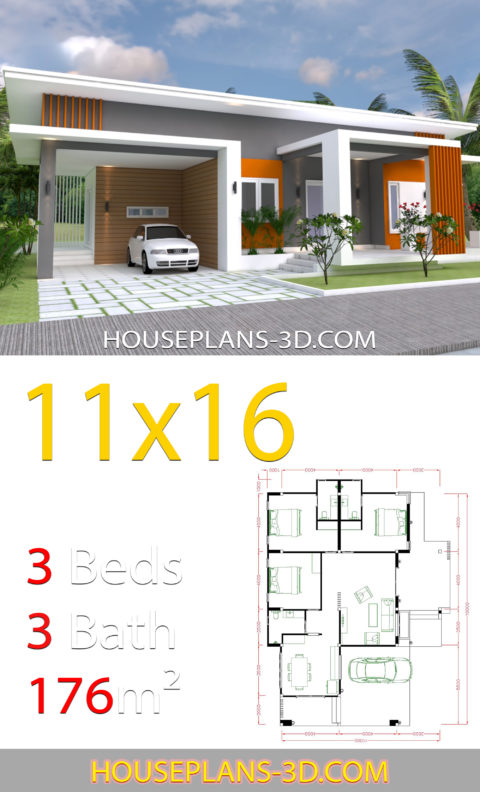 Home Design 11x16 with 3 bedrooms slop roof - House Plans 3D