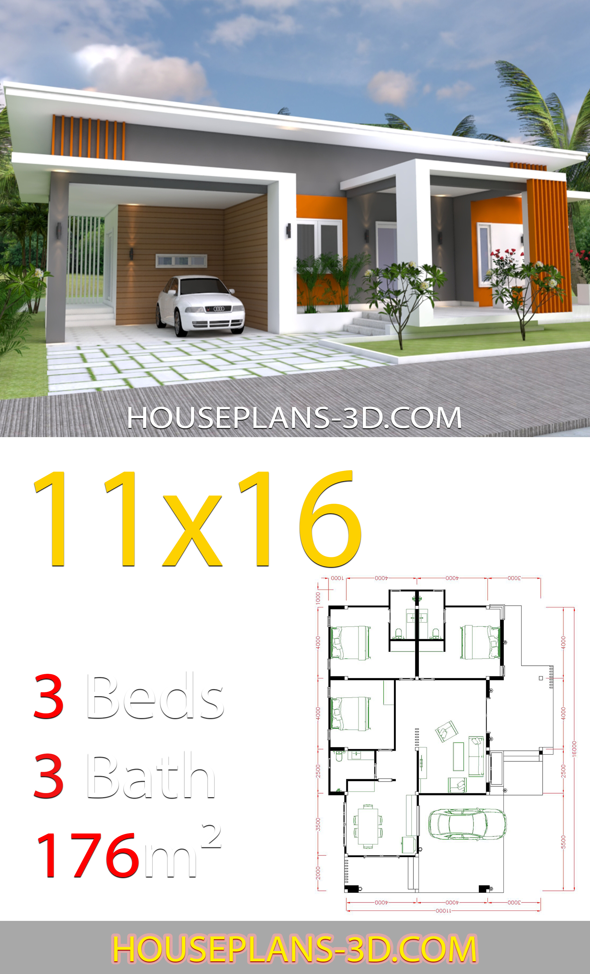 Home Design 11x16 with 3 bedrooms slop roof 3d 3