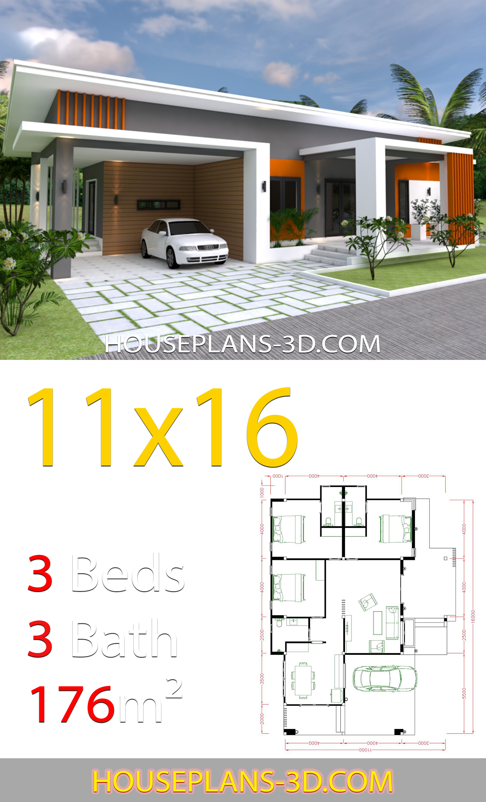 Home Design 11x16 with 3 bedrooms slop roof 3d 1