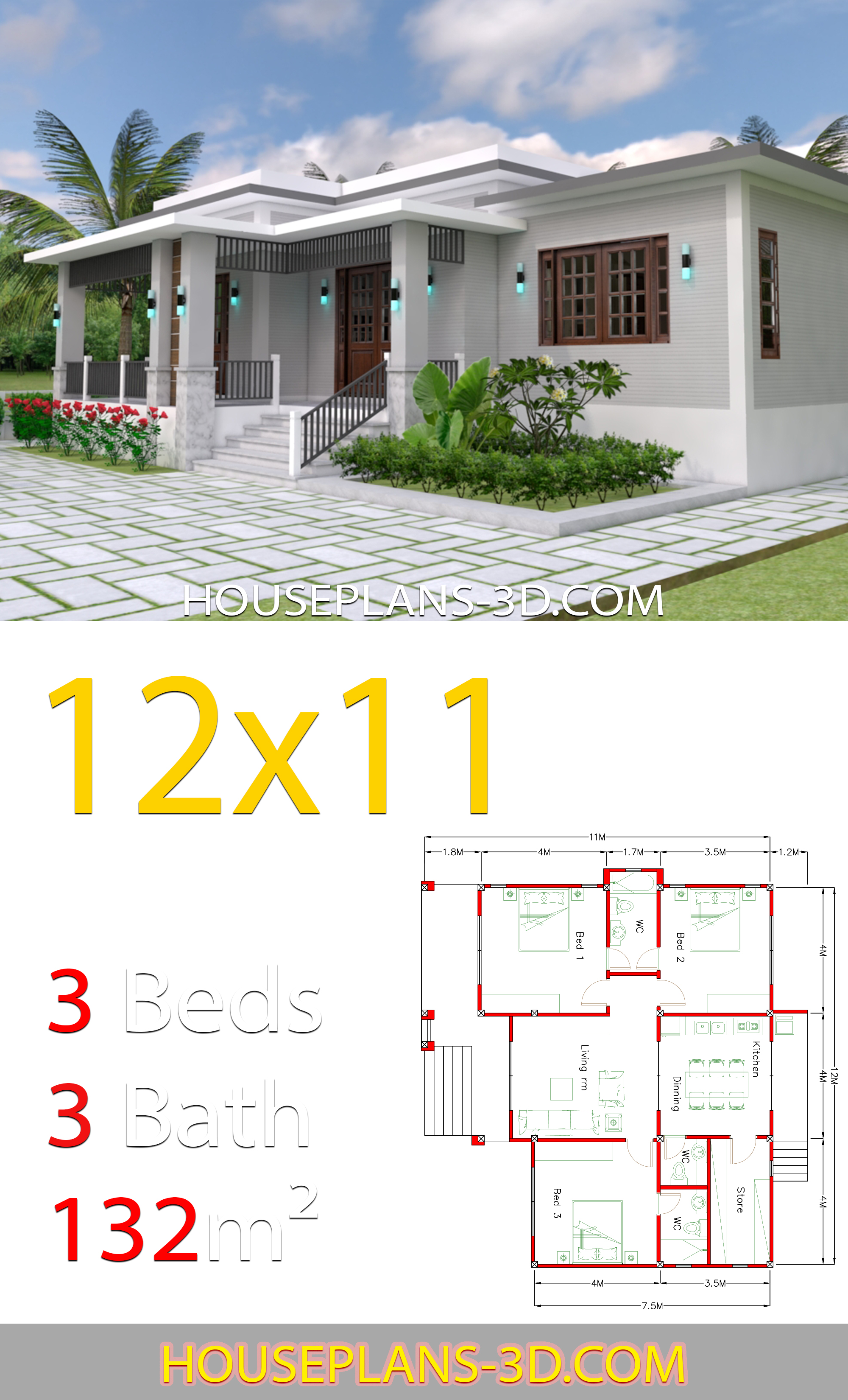 Home design 12x11 with 3 Bedrooms Terrace roof 3d 2