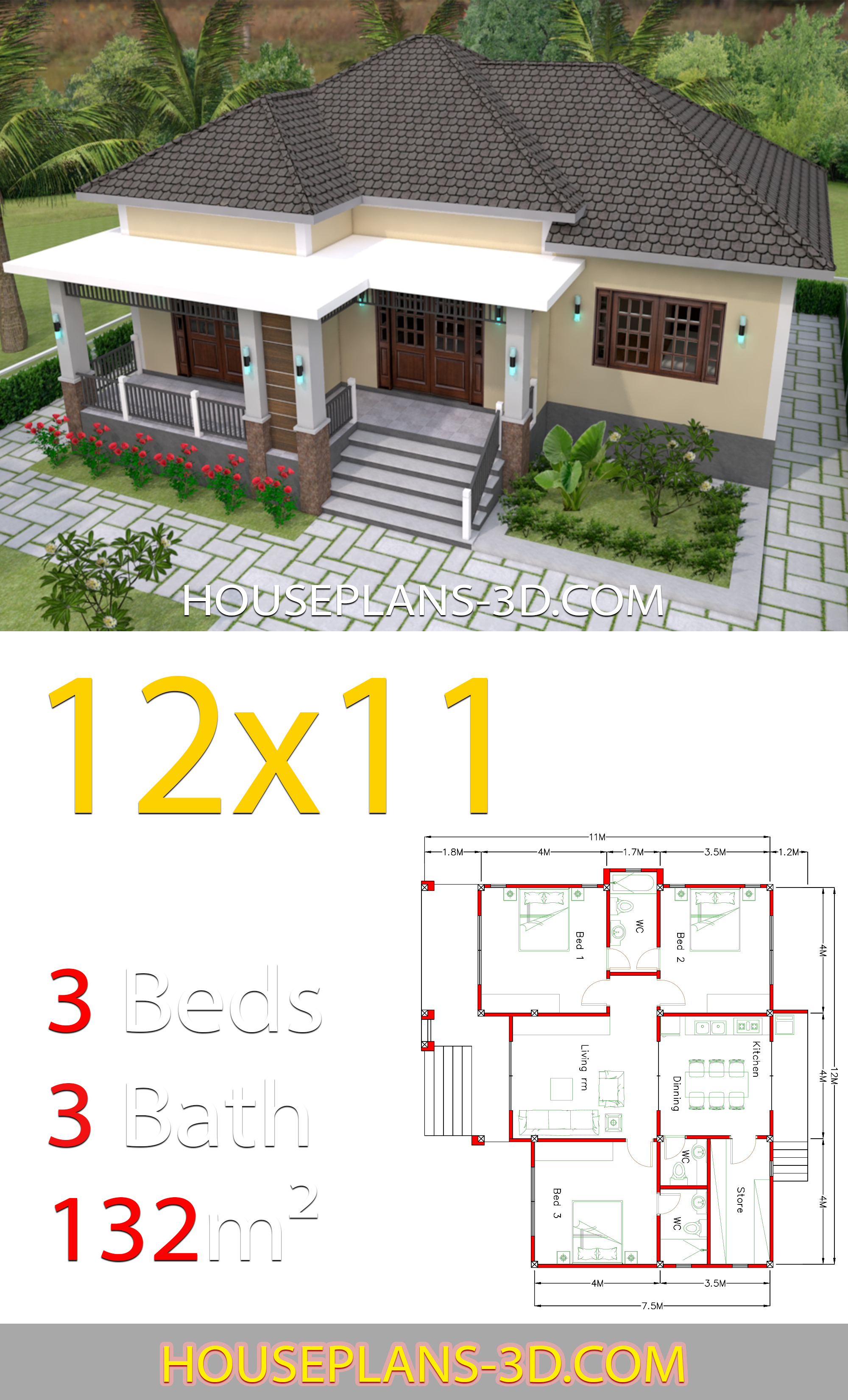Home design 12x11 with 3 Bedrooms Hip roof 3d 3