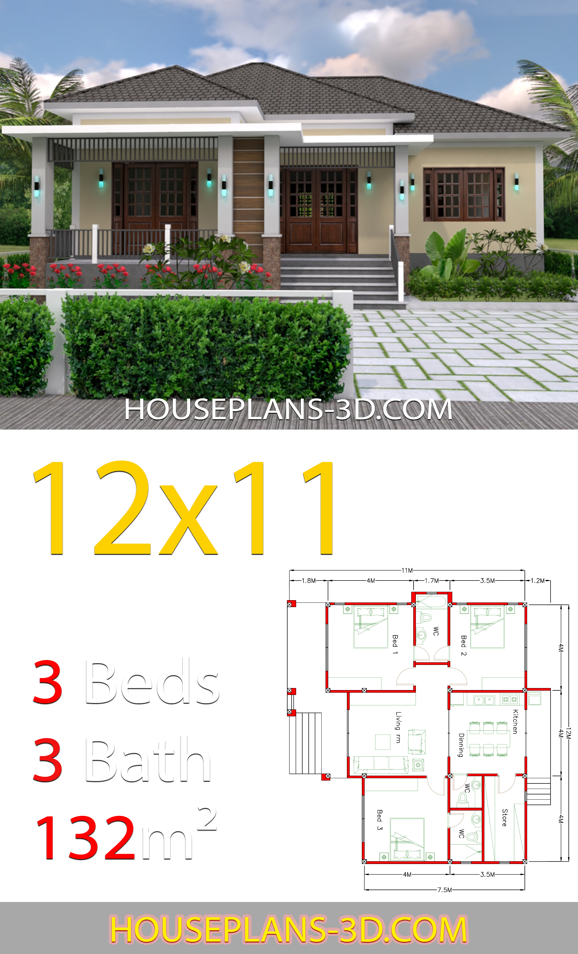 Home design 12x11 with 3 Bedrooms Hip roof 3d 1