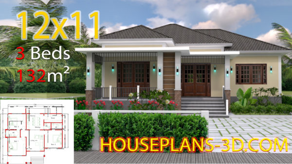Home design 12x11 with 3 Bedrooms Hip roof