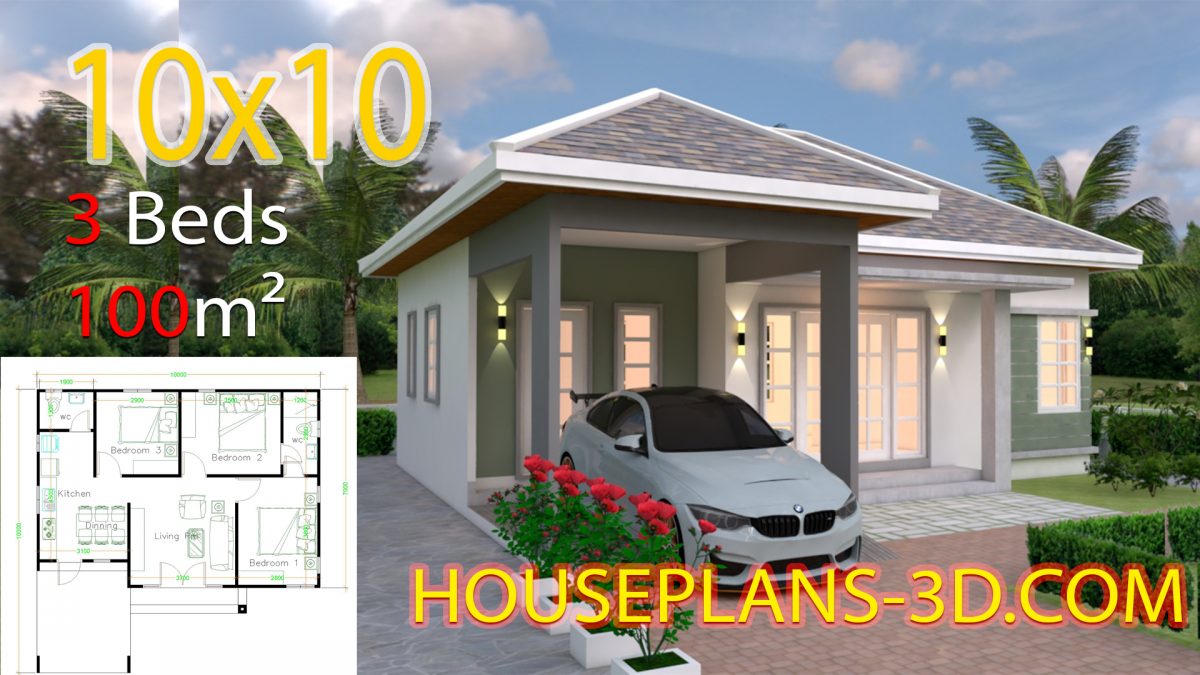 House Design 10x10 with 3 Bedrooms Hip roof