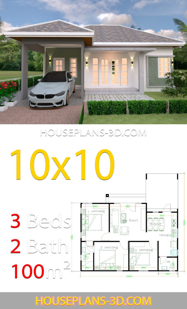 House Design 10x10 with 3 Bedrooms Hip roof - House Plans 3D