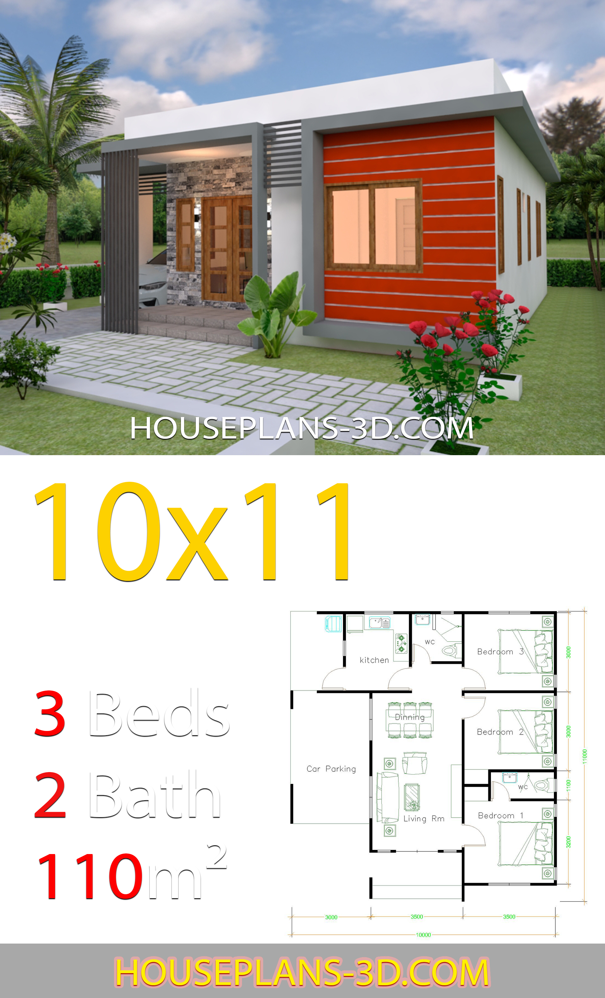 House Design 10x11 with 3 Bedrooms terrace roof 3d 3