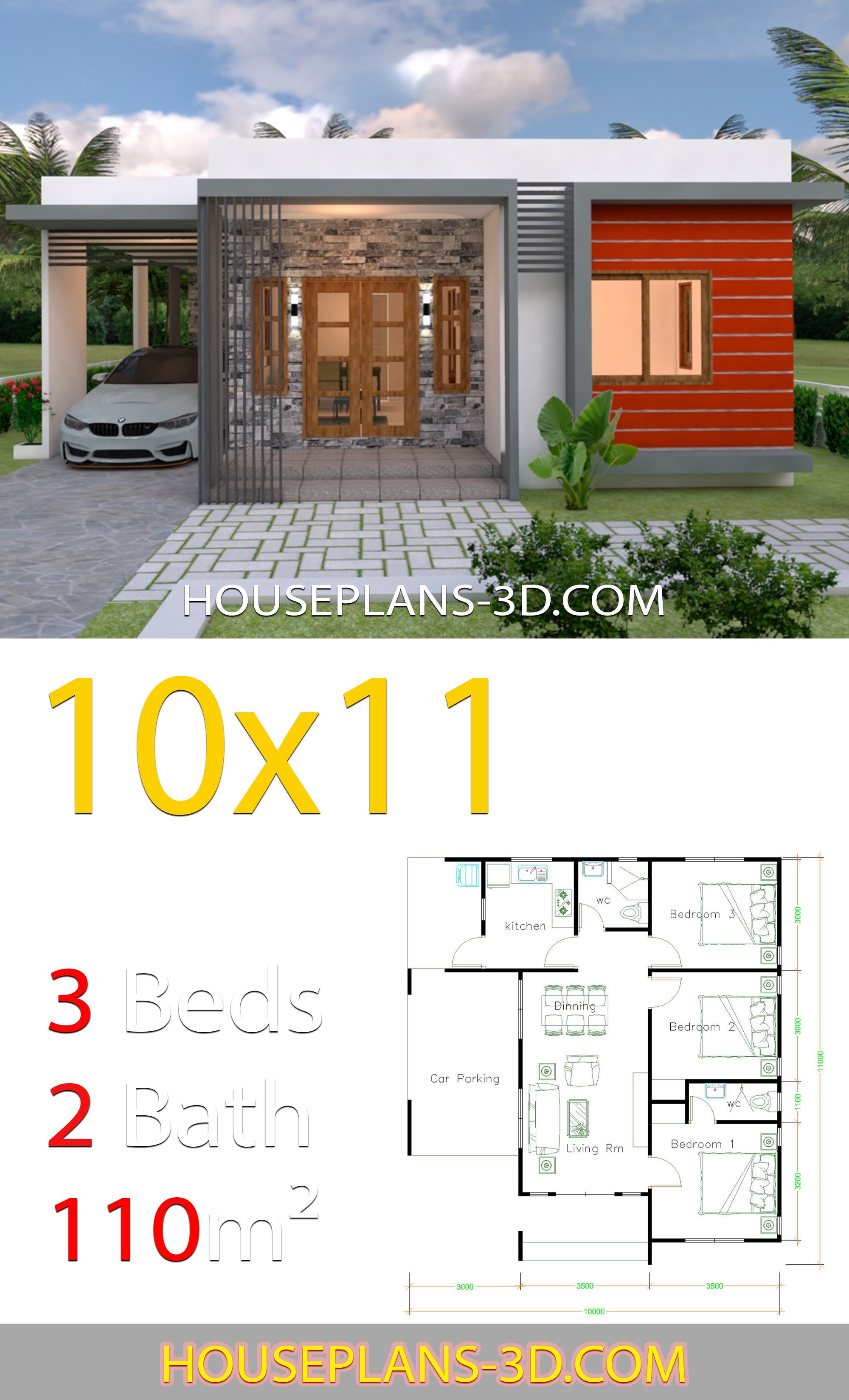 House Design 10x11 with 3 Bedrooms terrace roof 3d 2