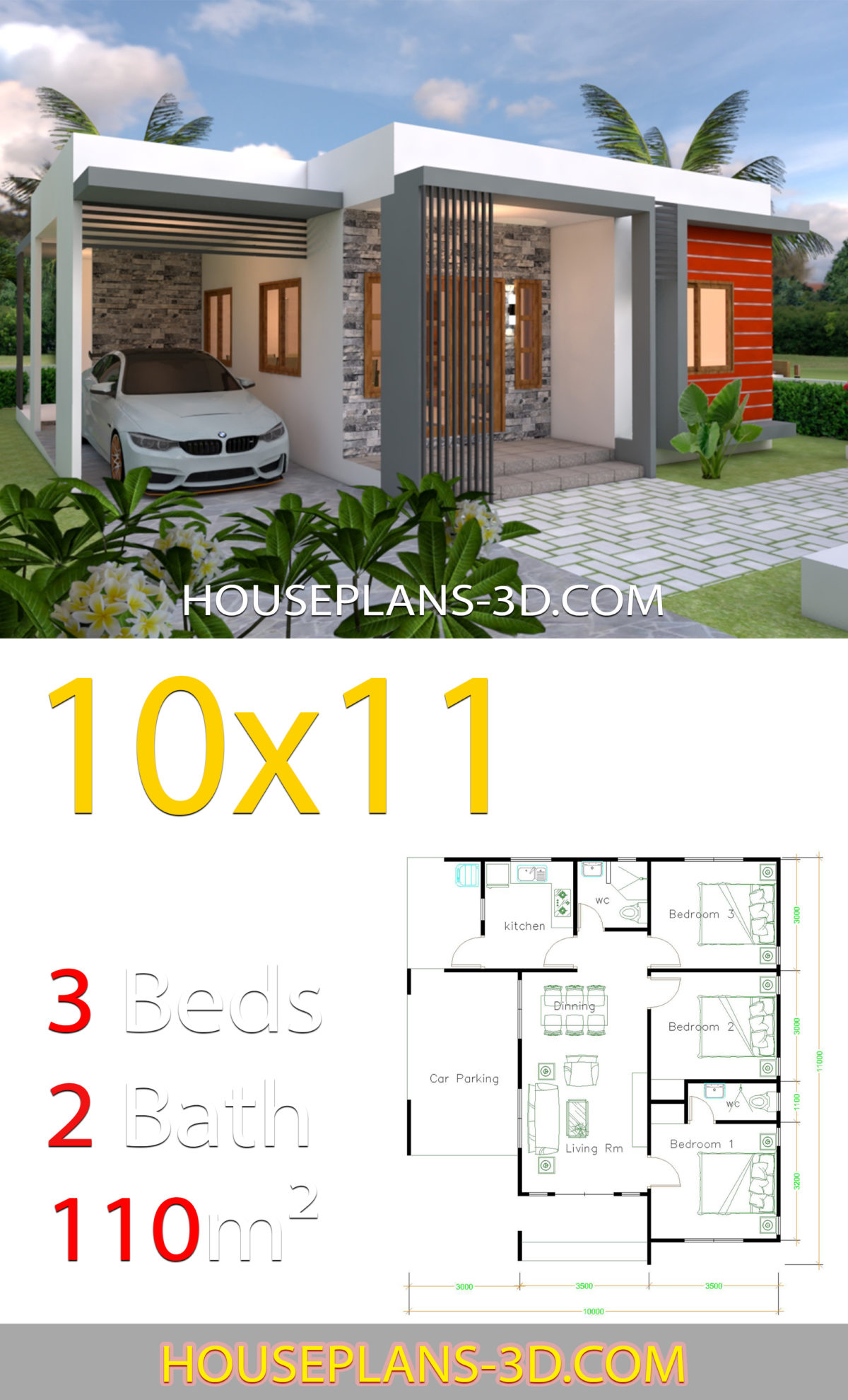 House Design 10x11 with 3 Bedrooms terrace roof - House Plans 3D