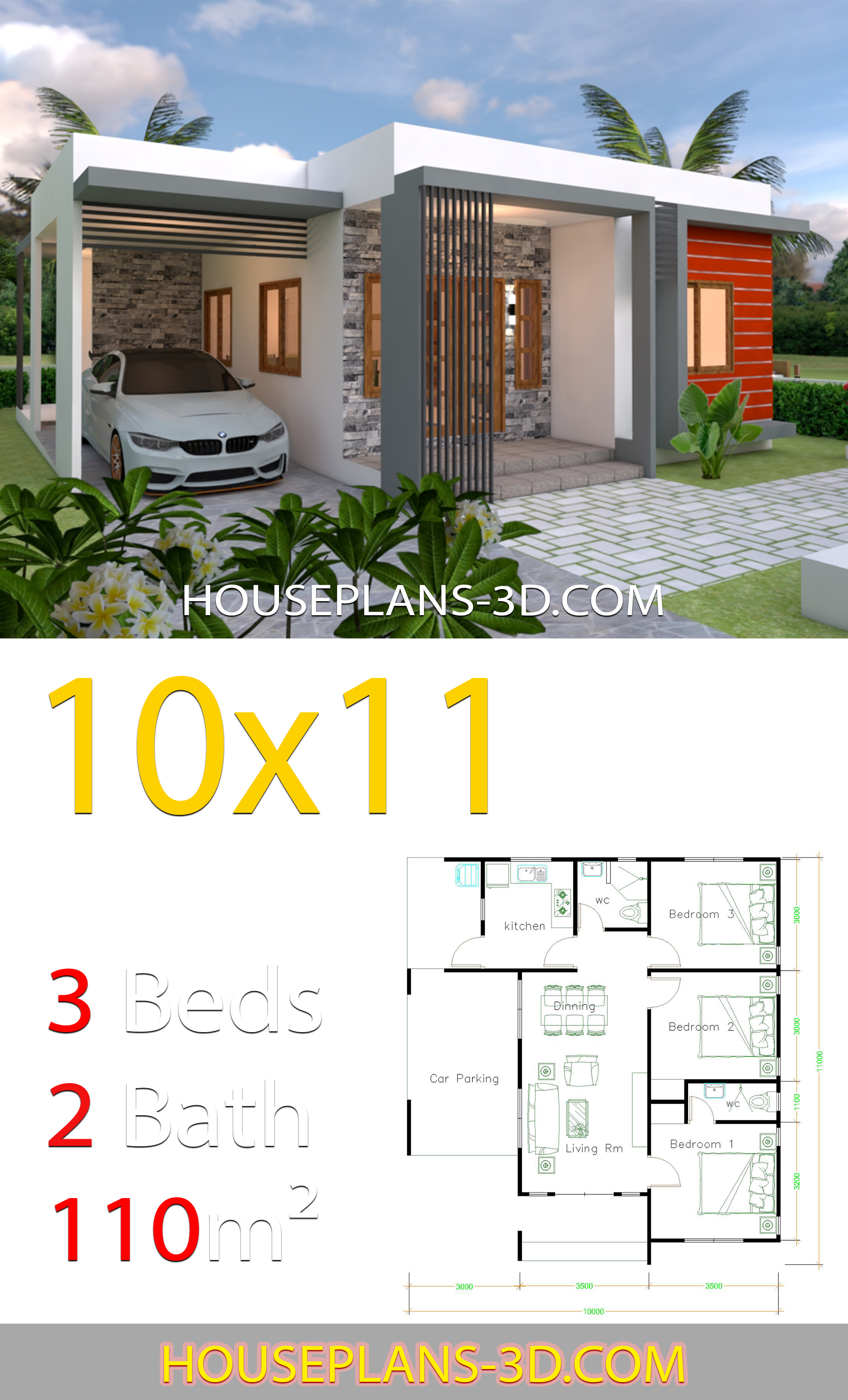 House Design 10x11 with 3 Bedrooms terrace roof 3d 1