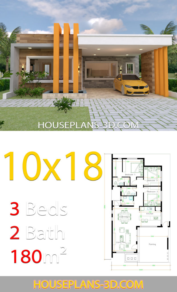 House Design 10x18 with 3 Bedrooms terrace roof - House Plans 3D