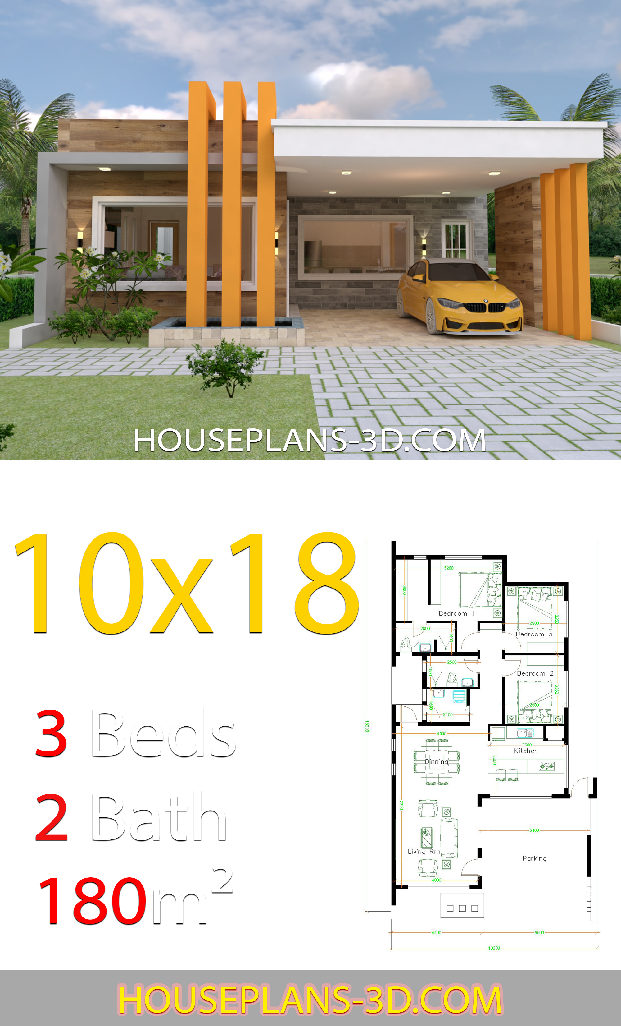 House Design 10x18 with 3 Bedrooms terrace roof 3d 3