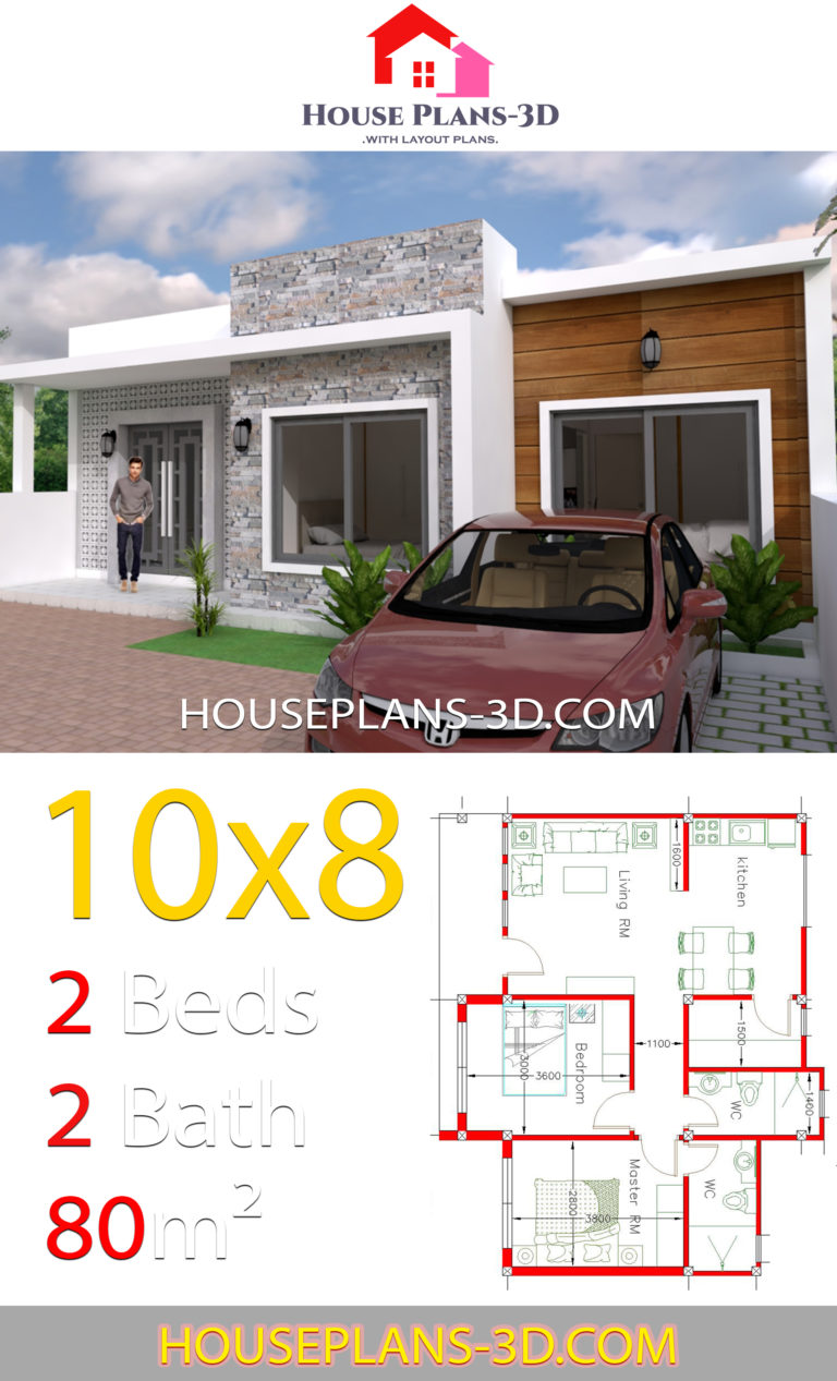 House Design 10x8 with 2 Bedrooms - House Plans 3D