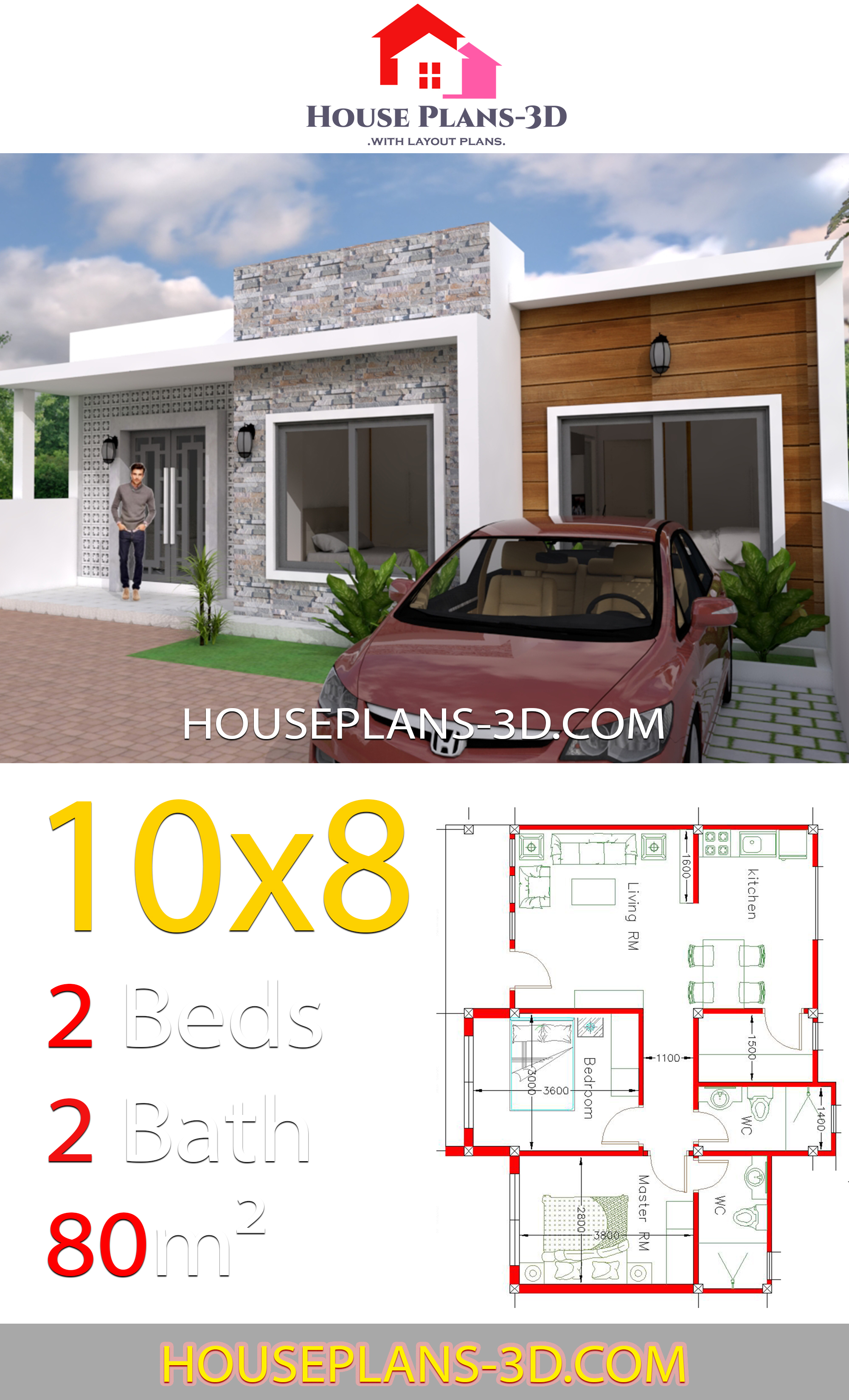 House Design 10x8 with 2 Bedrooms 3d 3