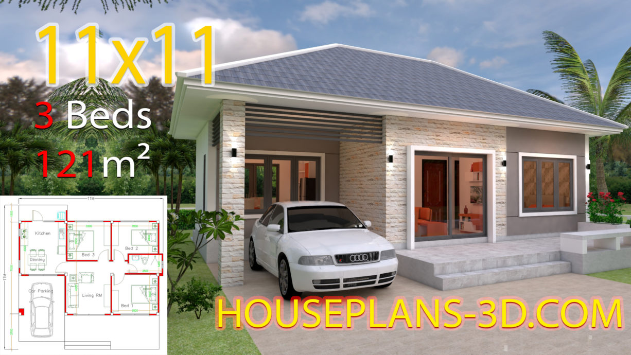 House Design 11x11 with 3 Bedrooms Hip roof - House Plans 3D