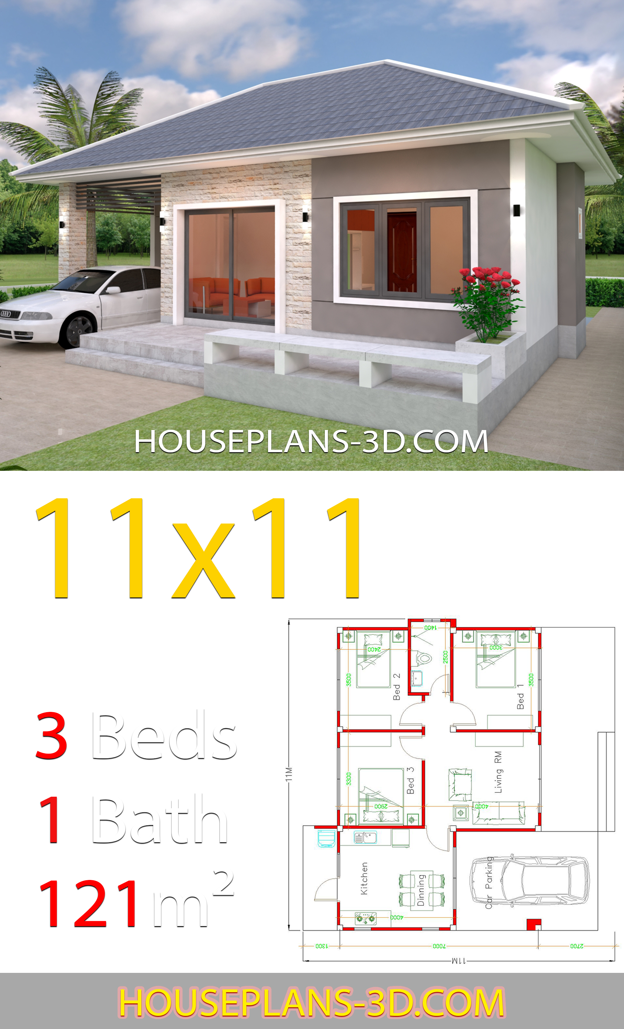 House Design 11x11 with 3 Bedrooms Hip roof 3d 3