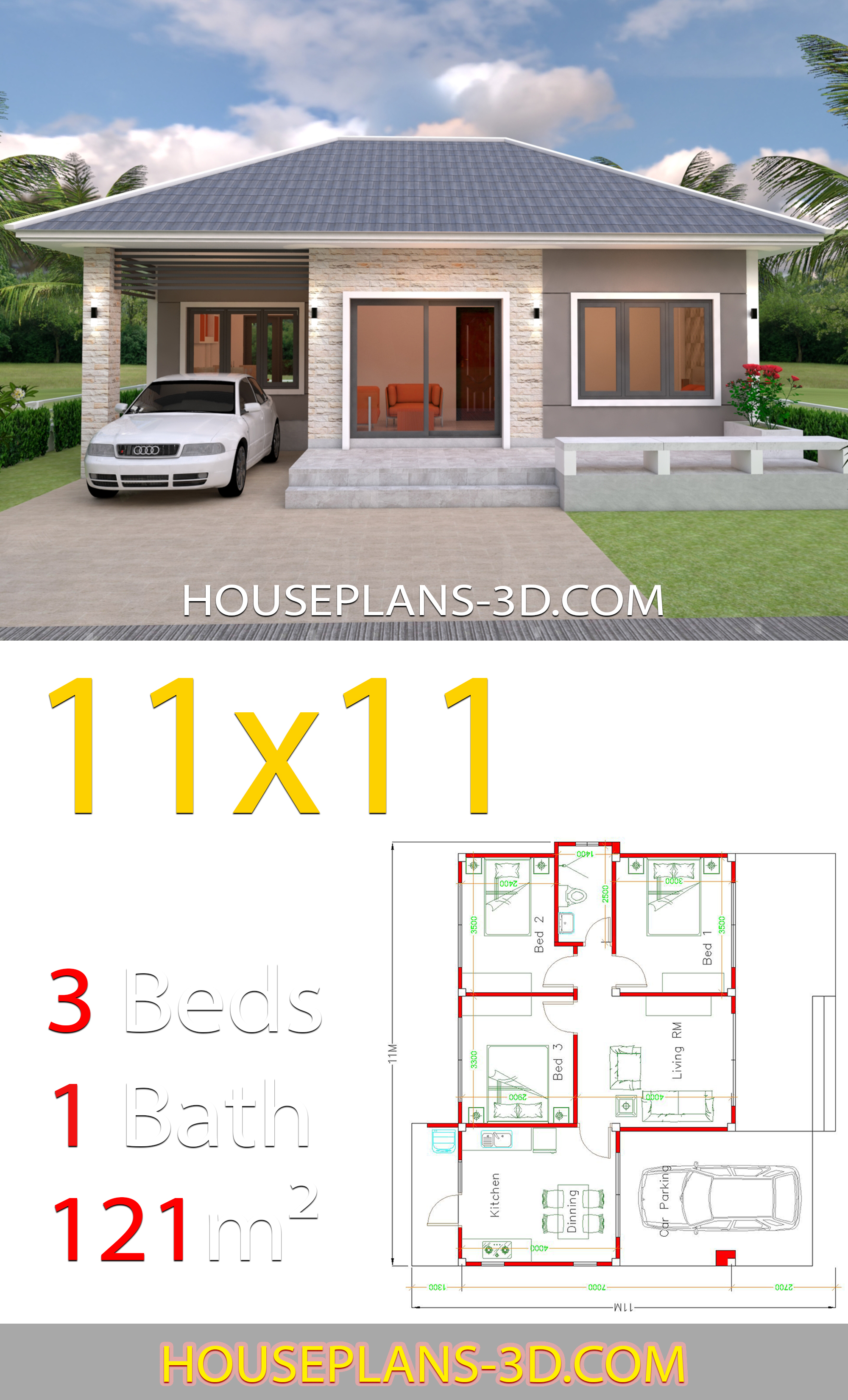 House Design 11x11 with 3 Bedrooms Hip roof 3d 2