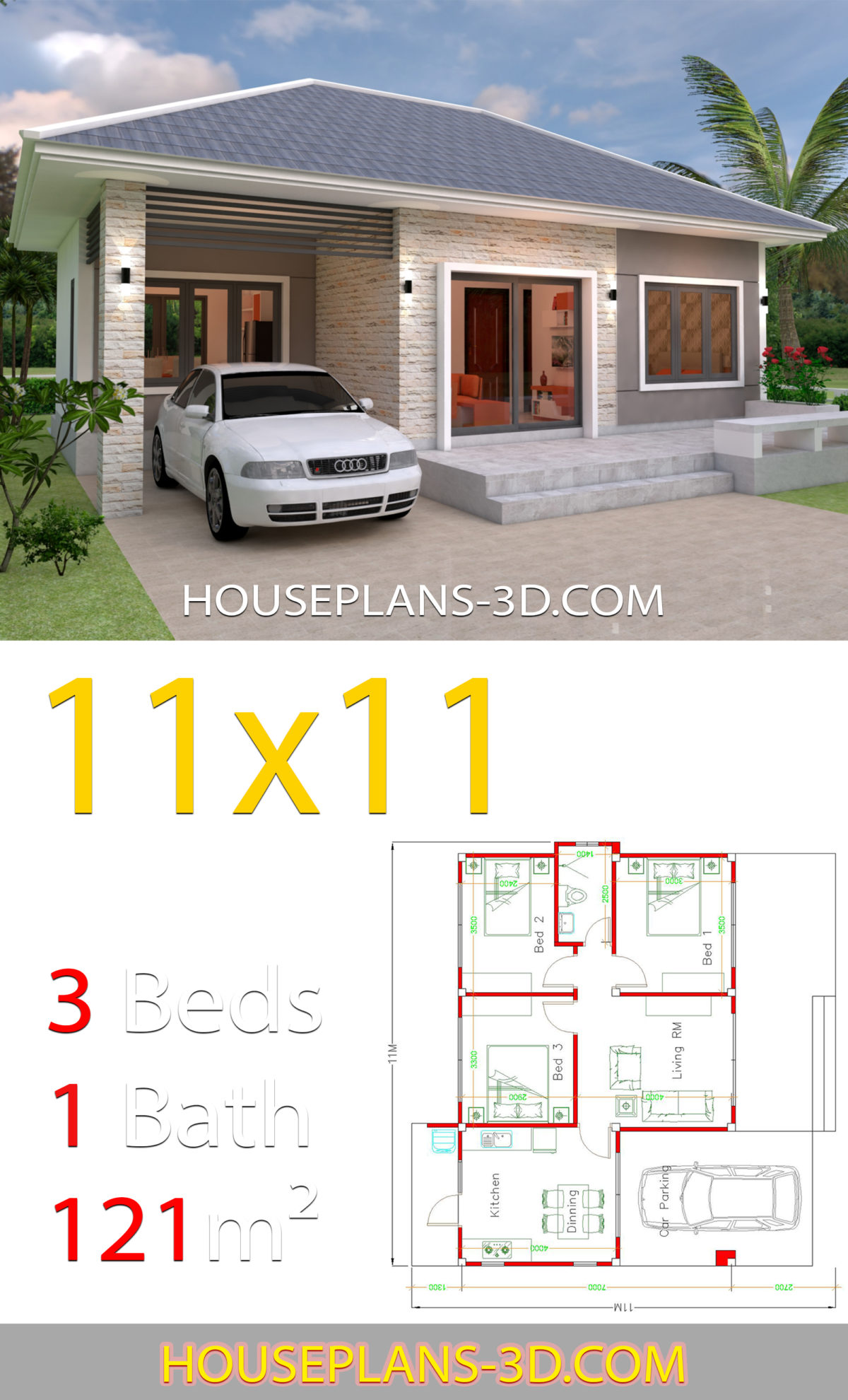 House Design 11x11 with 3 Bedrooms Hip roof - House Plans 3D