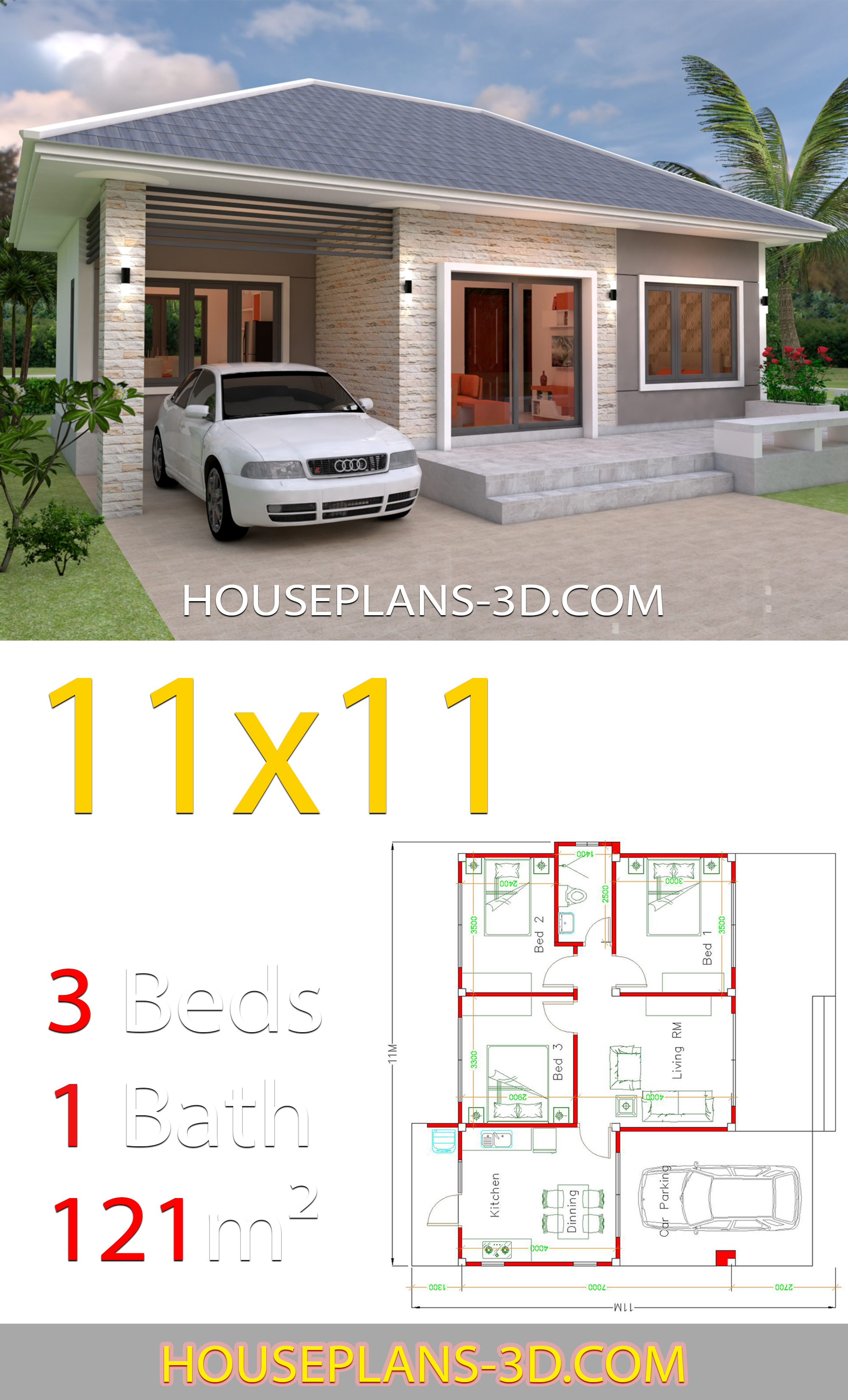 House Design 11x11 with 3 Bedrooms Hip roof 3d 1
