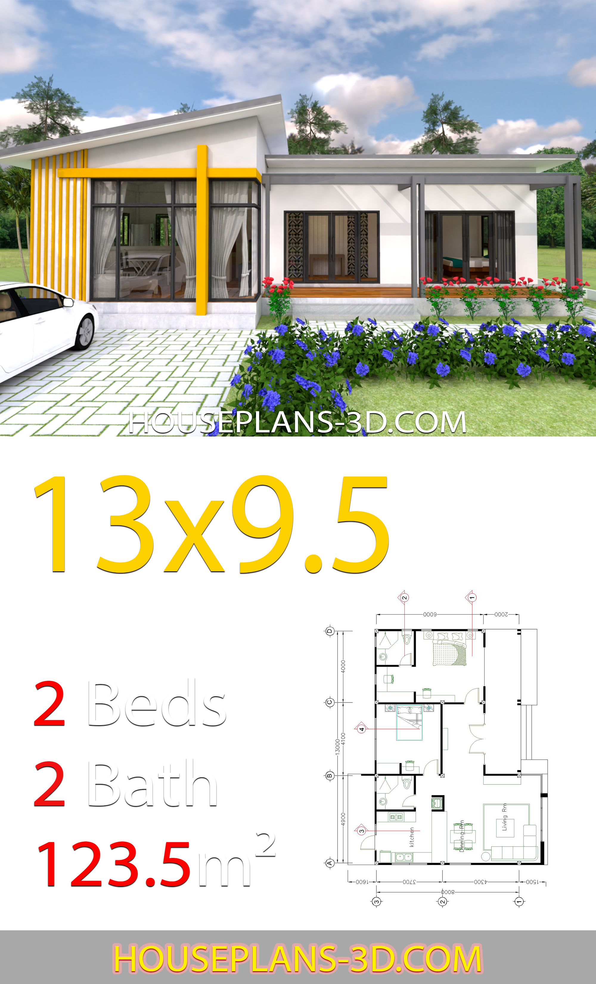 House Design 13x9.5 with 2 Bedrooms Slop roof 3d 1