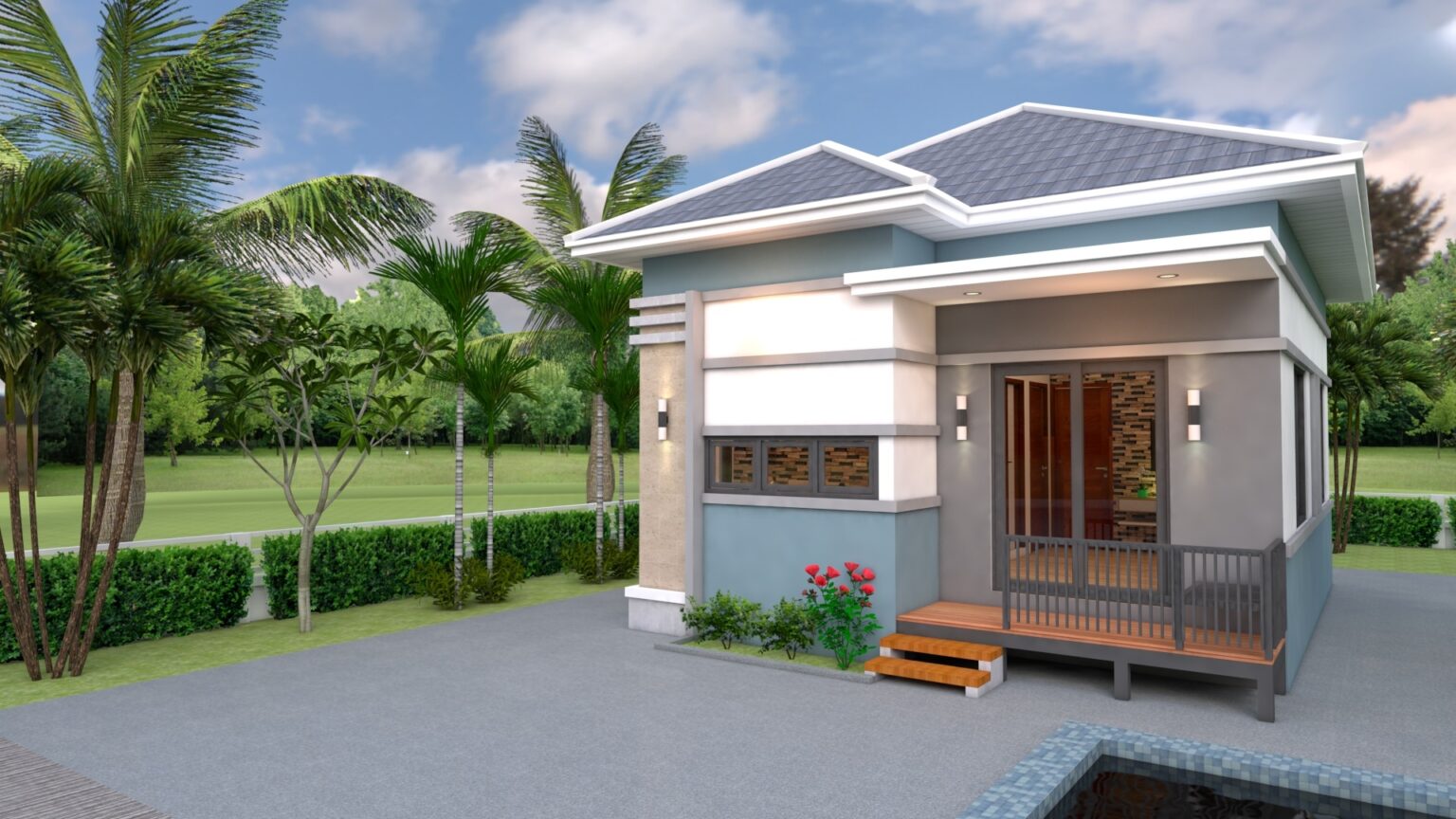 House Design 6x8 with 2 Bedrooms Hip roof - House Plans 3D