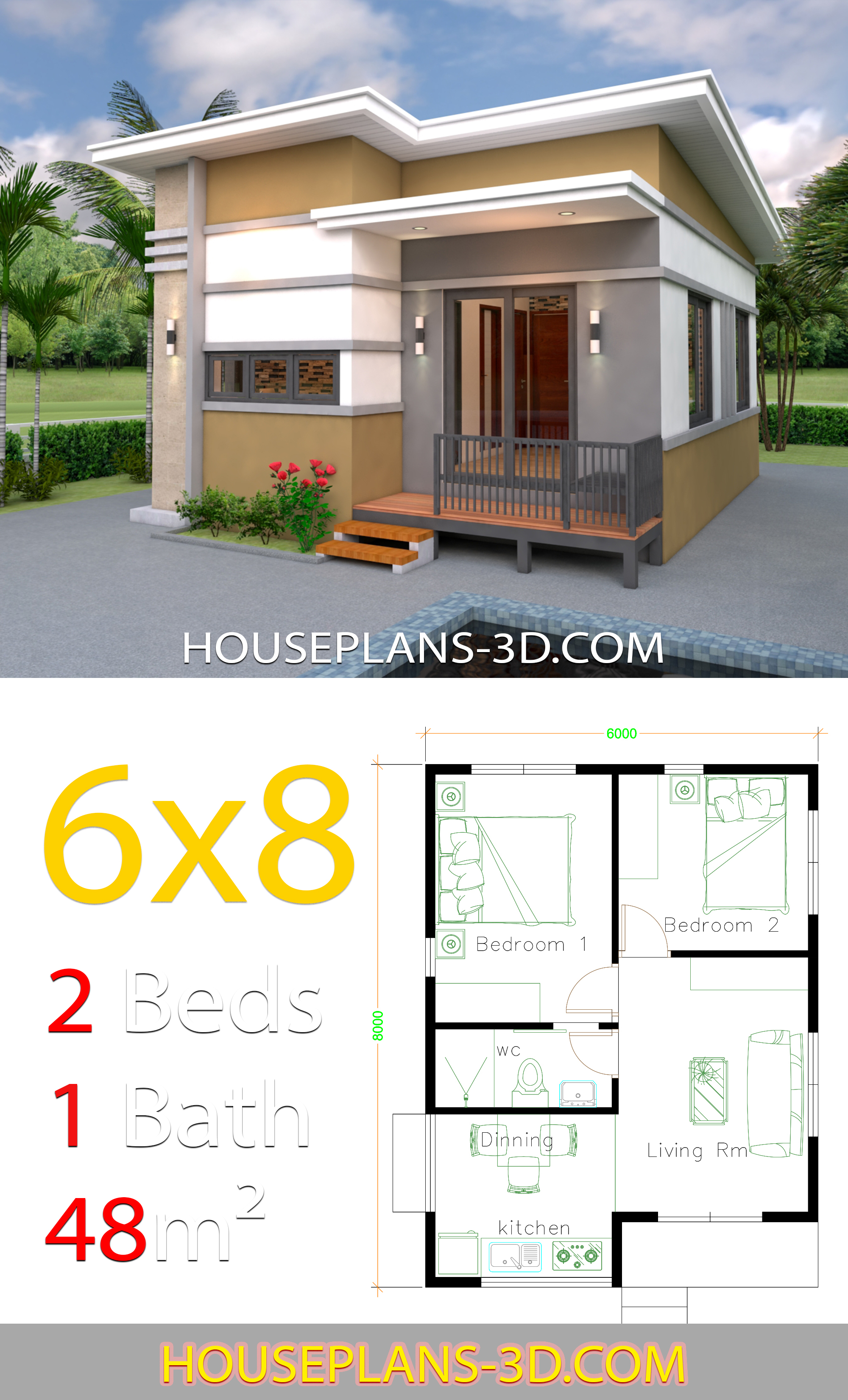 House Design 6x8 with 2 Bedrooms 3d 3