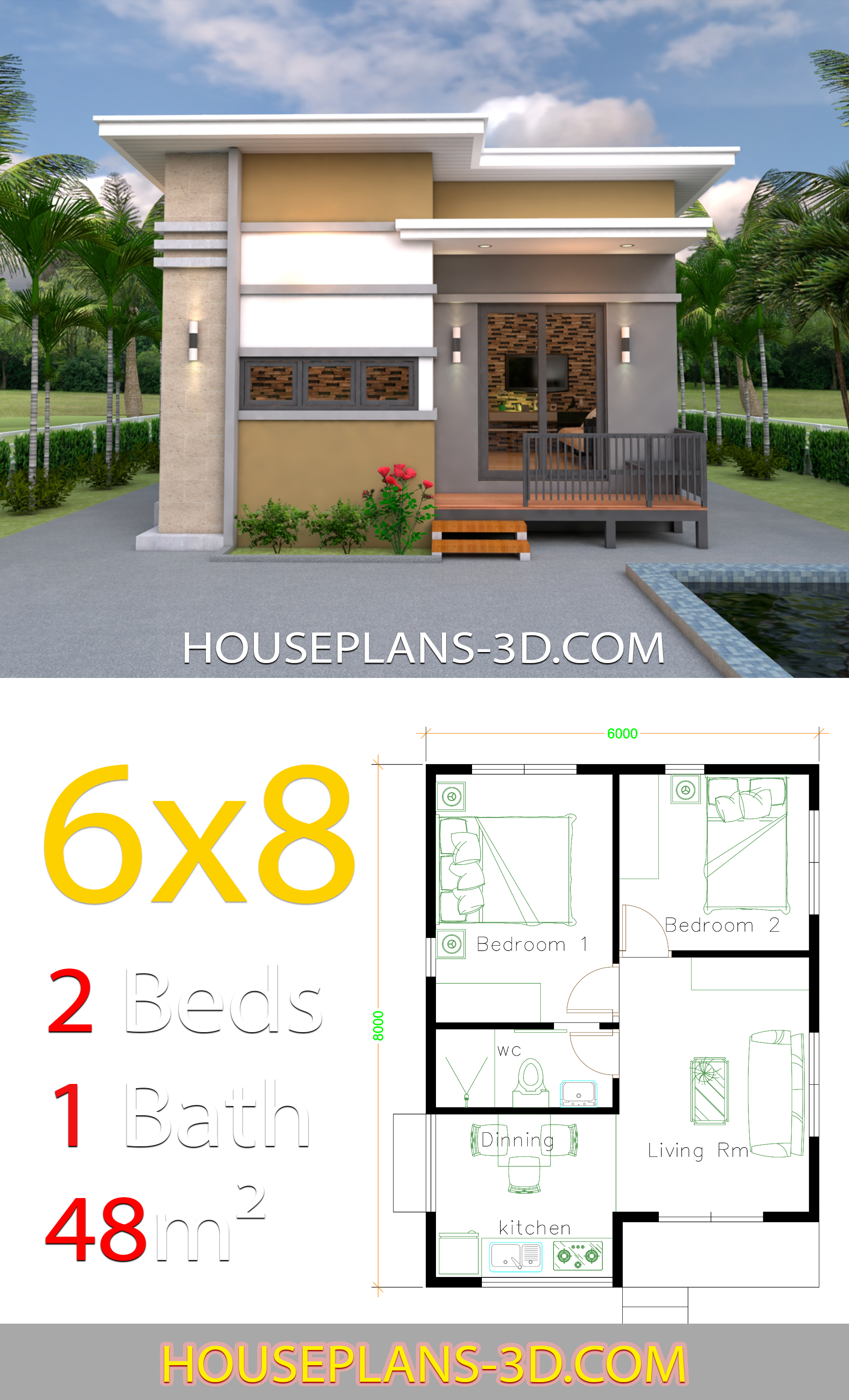 House Design 6x8 with 2 Bedrooms 3d 2