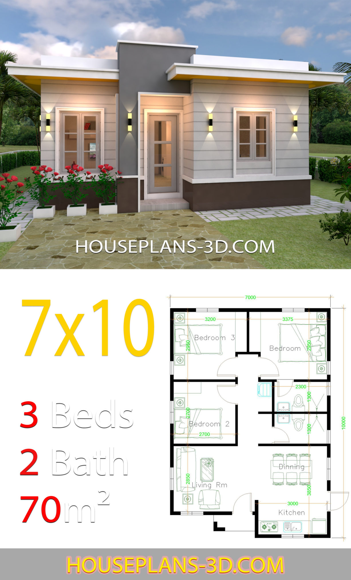 House Design 7x10 with 3 Bedrooms Terrace Roof - House Plans 3D