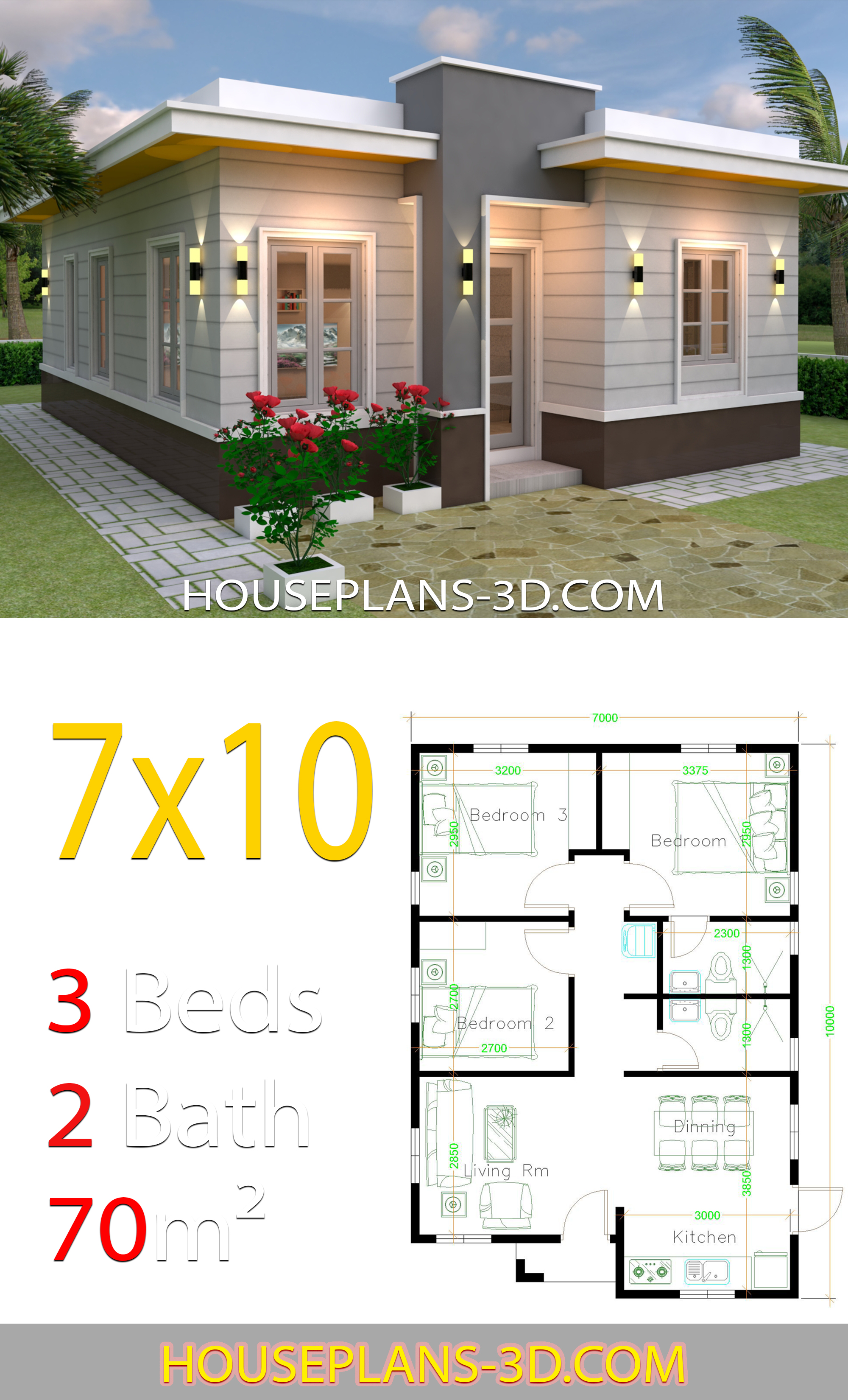 House Design 7x10 with 3 Bedrooms Terrace Roof 3d 2