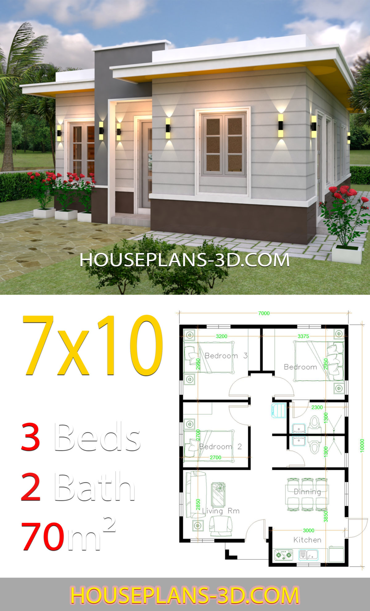 House Design 7x10 with 3 Bedrooms Terrace Roof - House Plans 3D