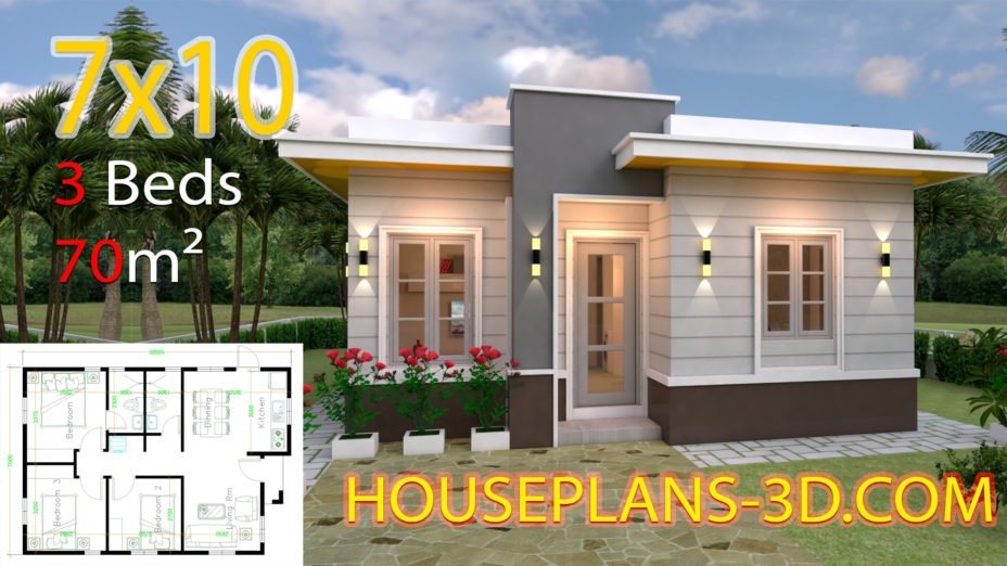 House Design 7x10 with 3 Bedrooms Terrace Roof - House Plans 3D