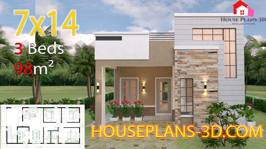 House Design 7x14 with 3 Bedrooms Terrace Roof - House Plans 3D