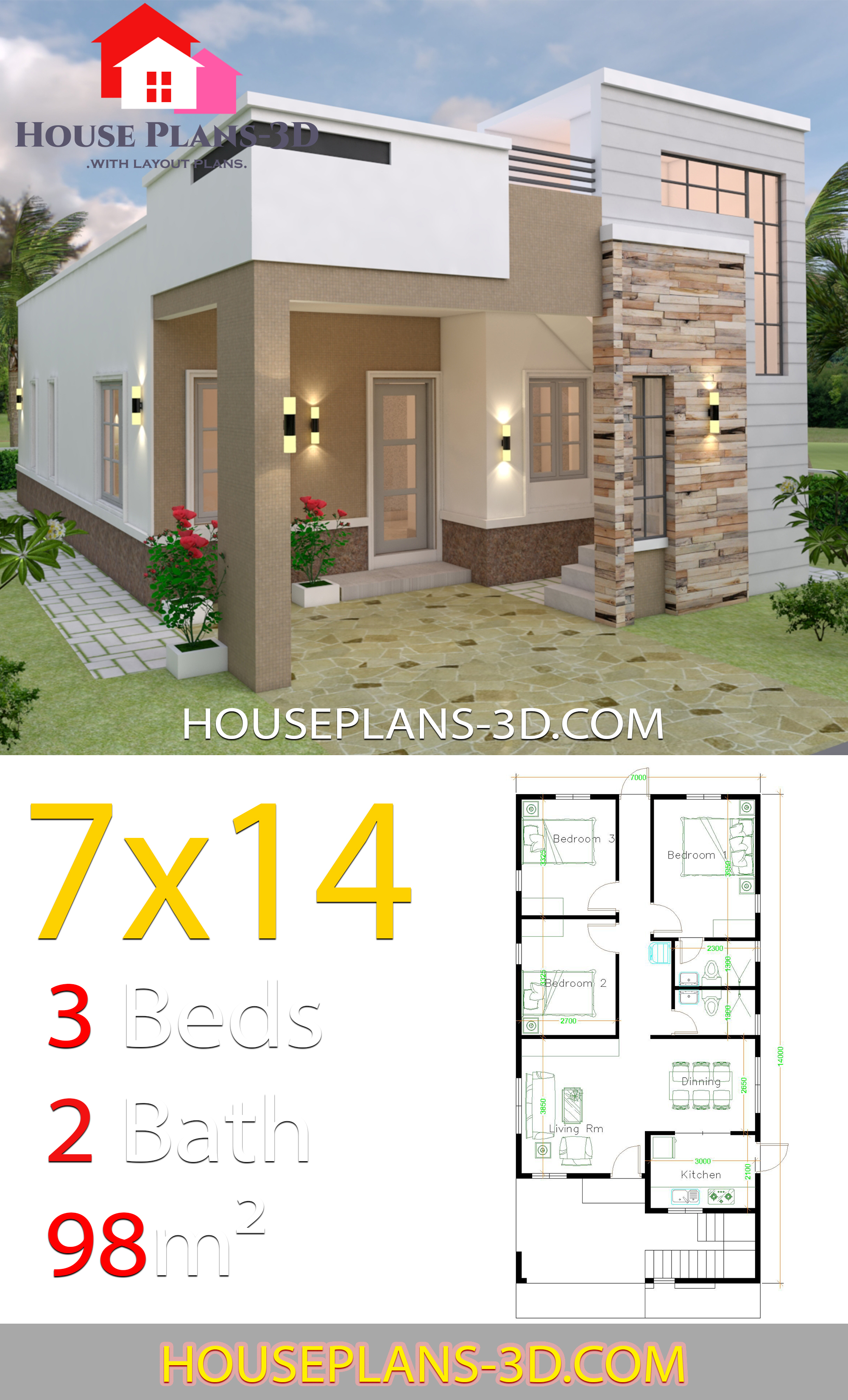 House Design 7x14 with 3 Bedrooms Terrace Roof 3d 3