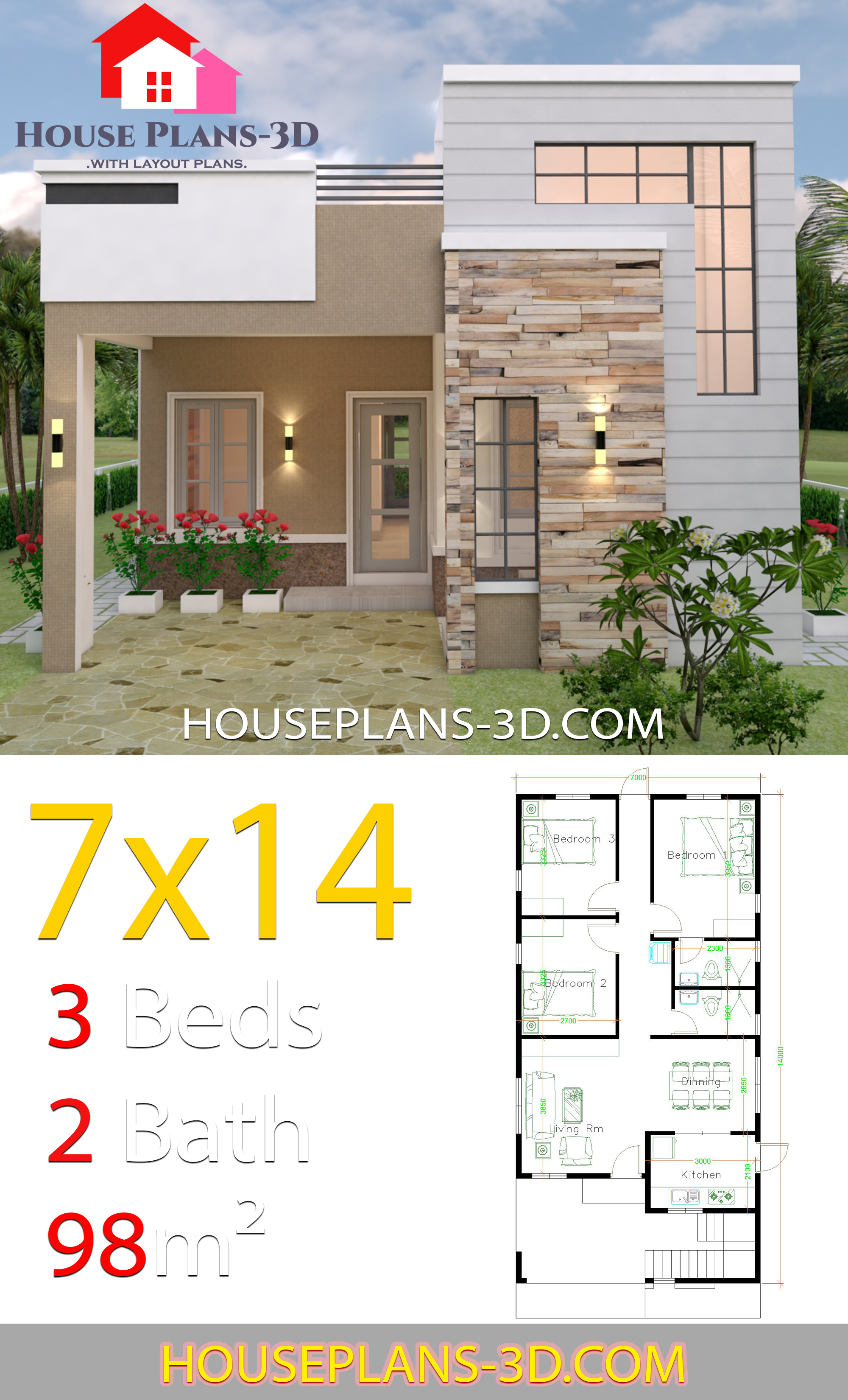 House Design 7x14 with 3 Bedrooms Terrace Roof 3d 2