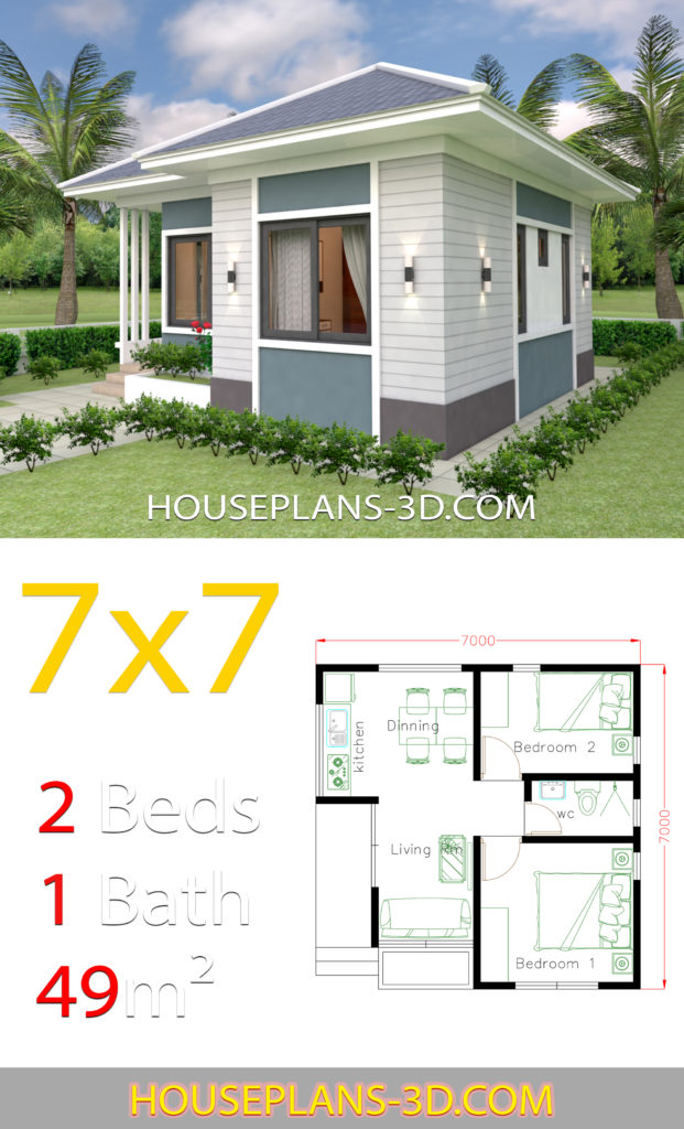 House Design 7x7 with 2 Bedrooms full plans - House Plans 3D