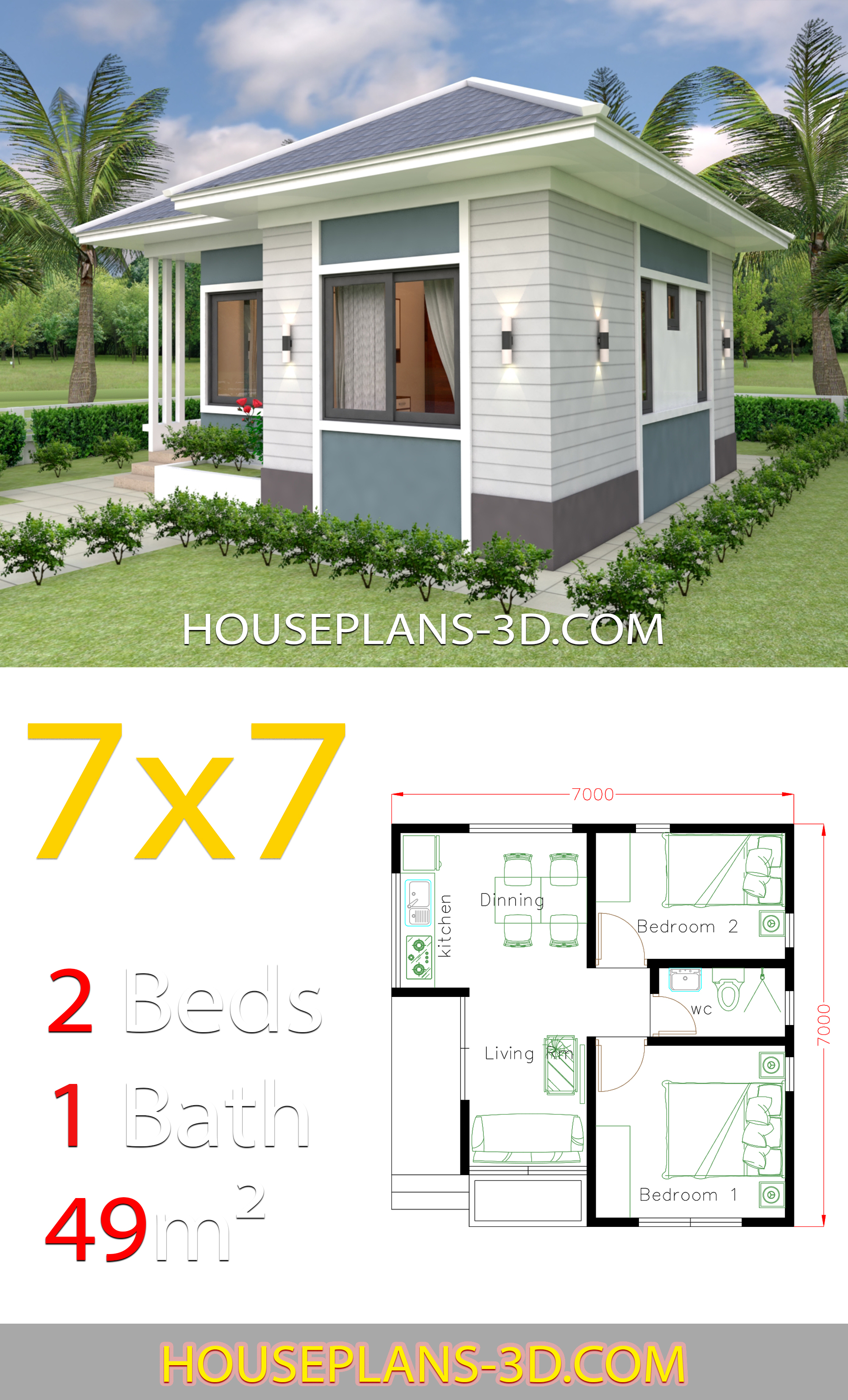 House Design 7x7 with 2 Bedrooms full plans 3d 3