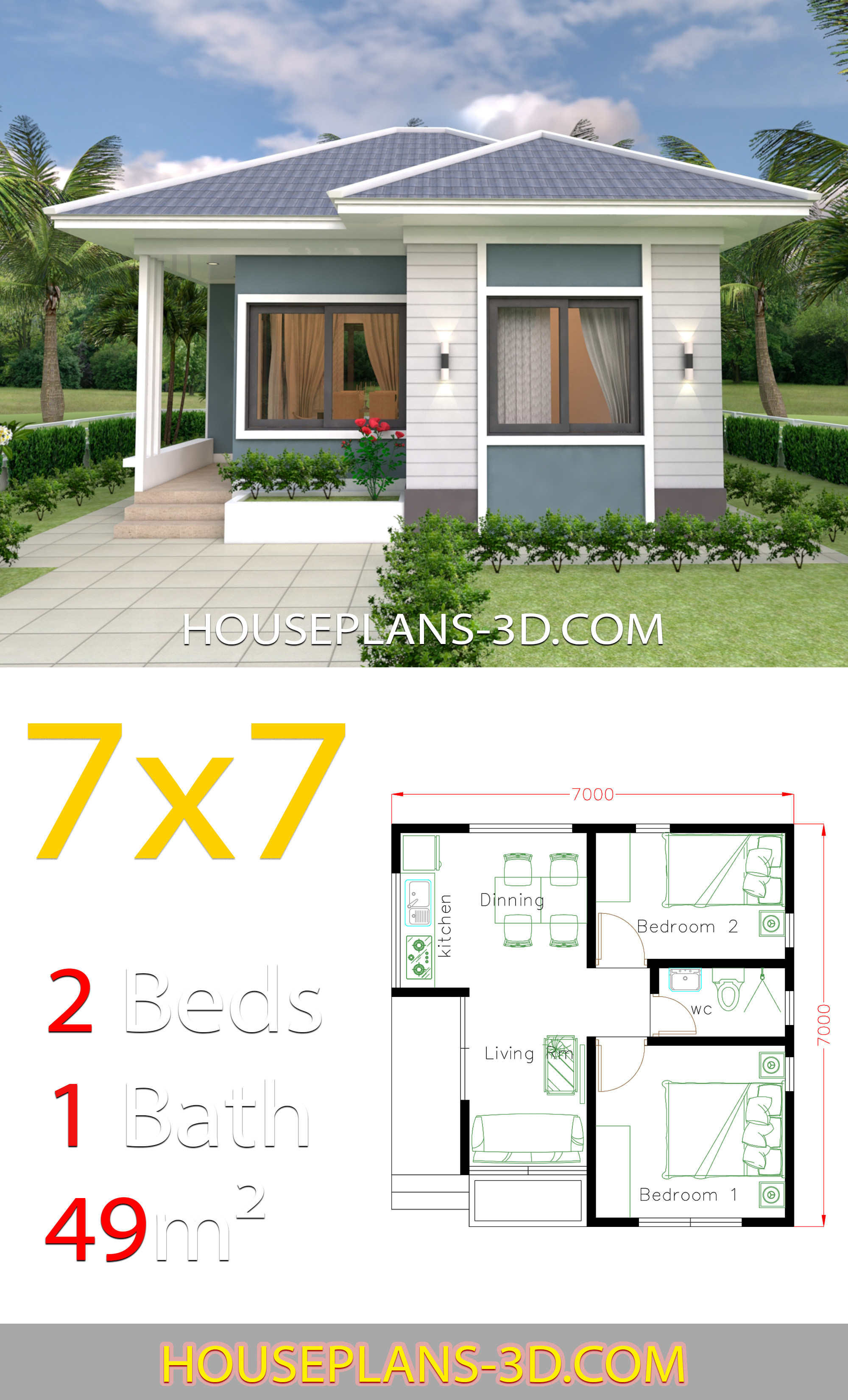 House Design 7x7 with 2 Bedrooms full plans 3d 1