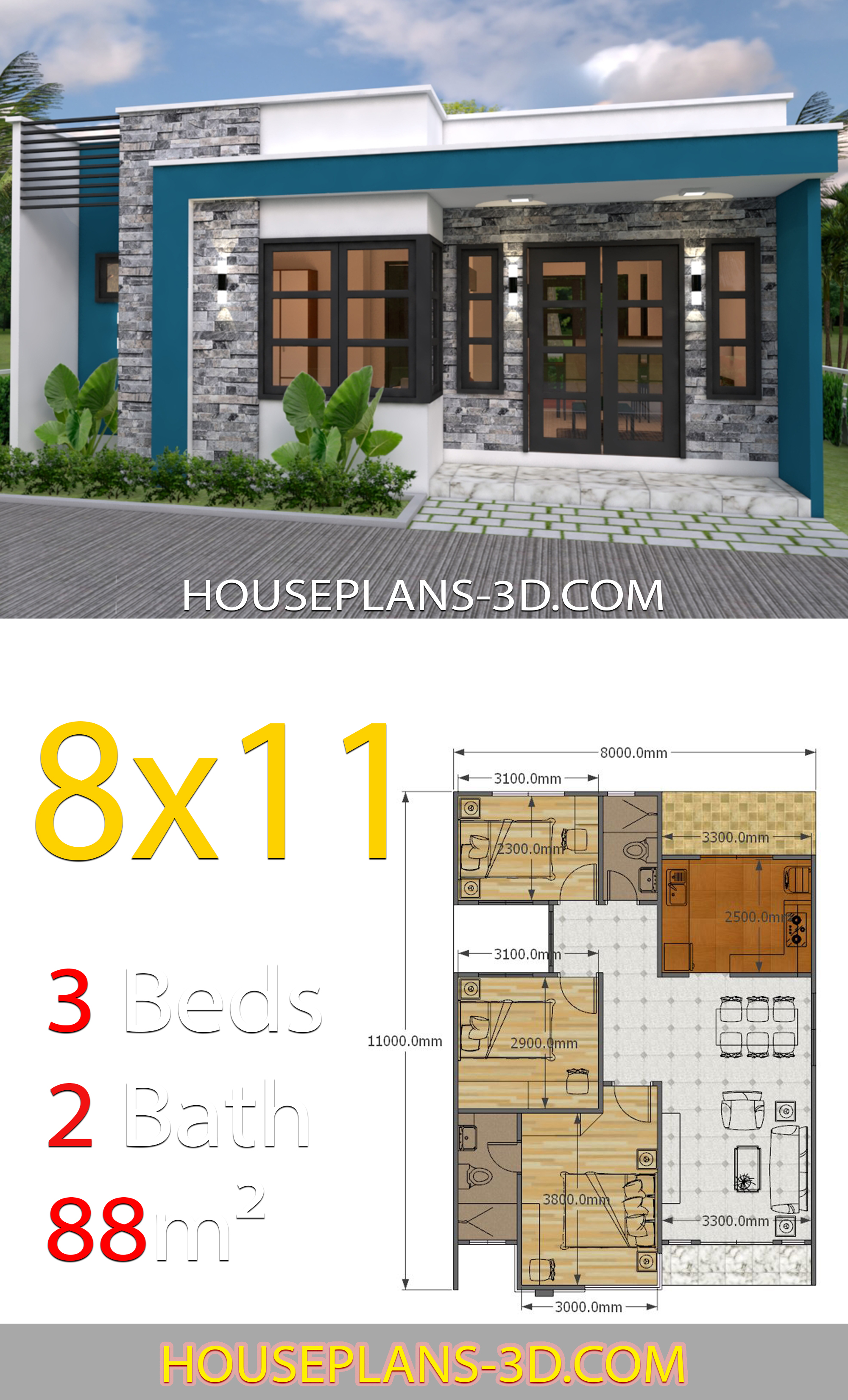 House Design 8x11 with 3 Bedrooms Full Plans 3d 2