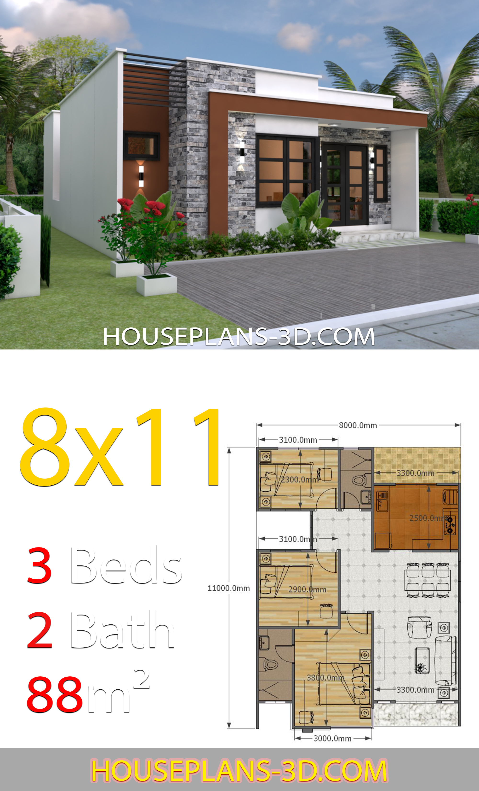 House Design 8x11 with 3 Bedrooms Full Plans 3d 3
