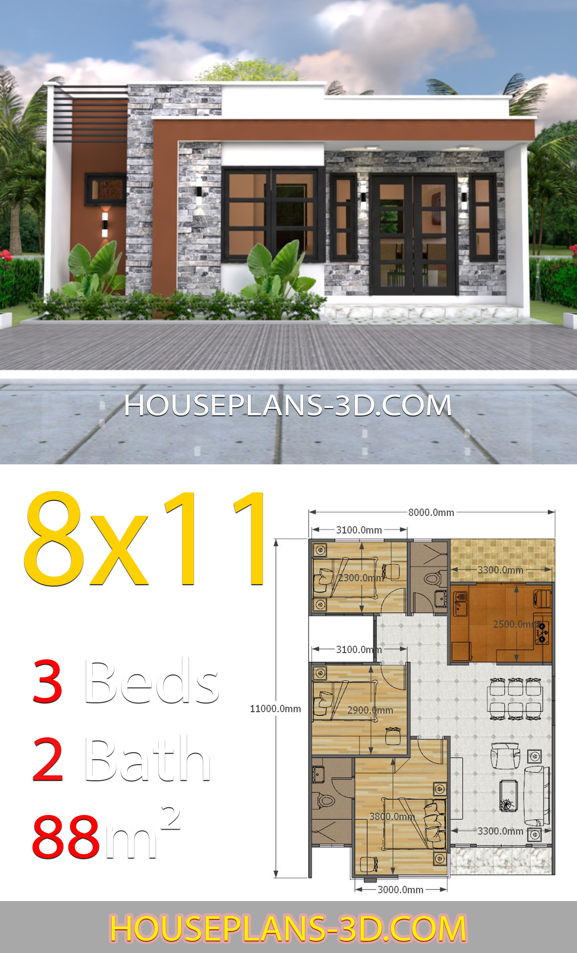 House Design 8x11 with 3 Bedrooms Full Plans 3d 1
