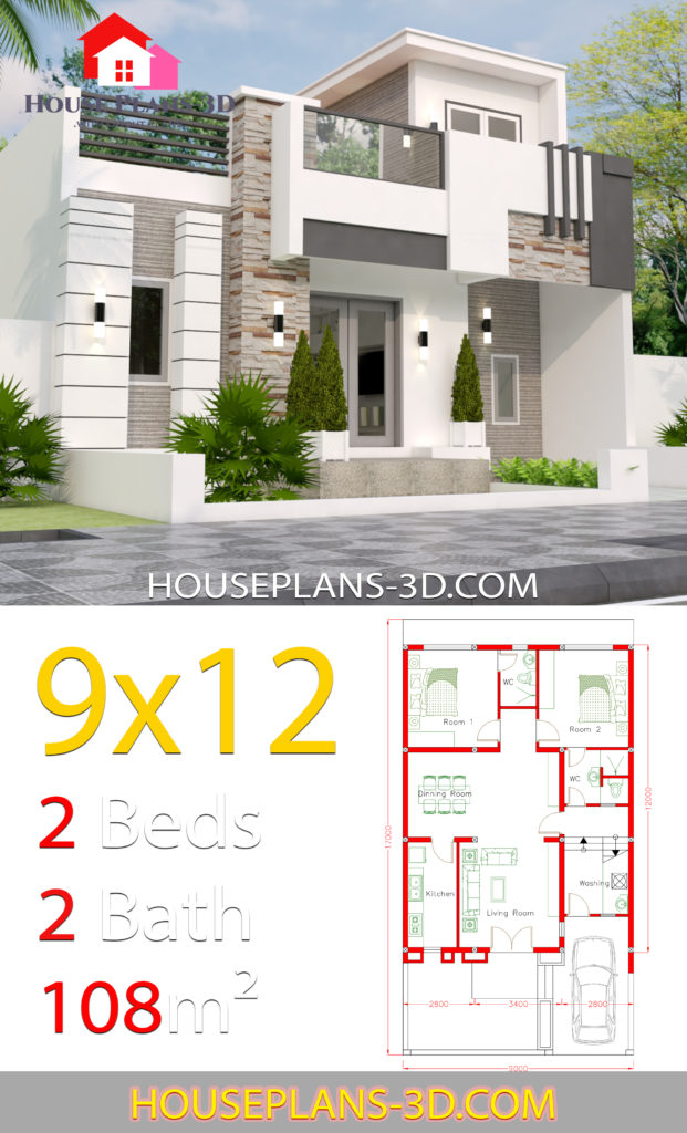 House Design 9x12 with 2 Bedrooms full plans - House Plans 3D